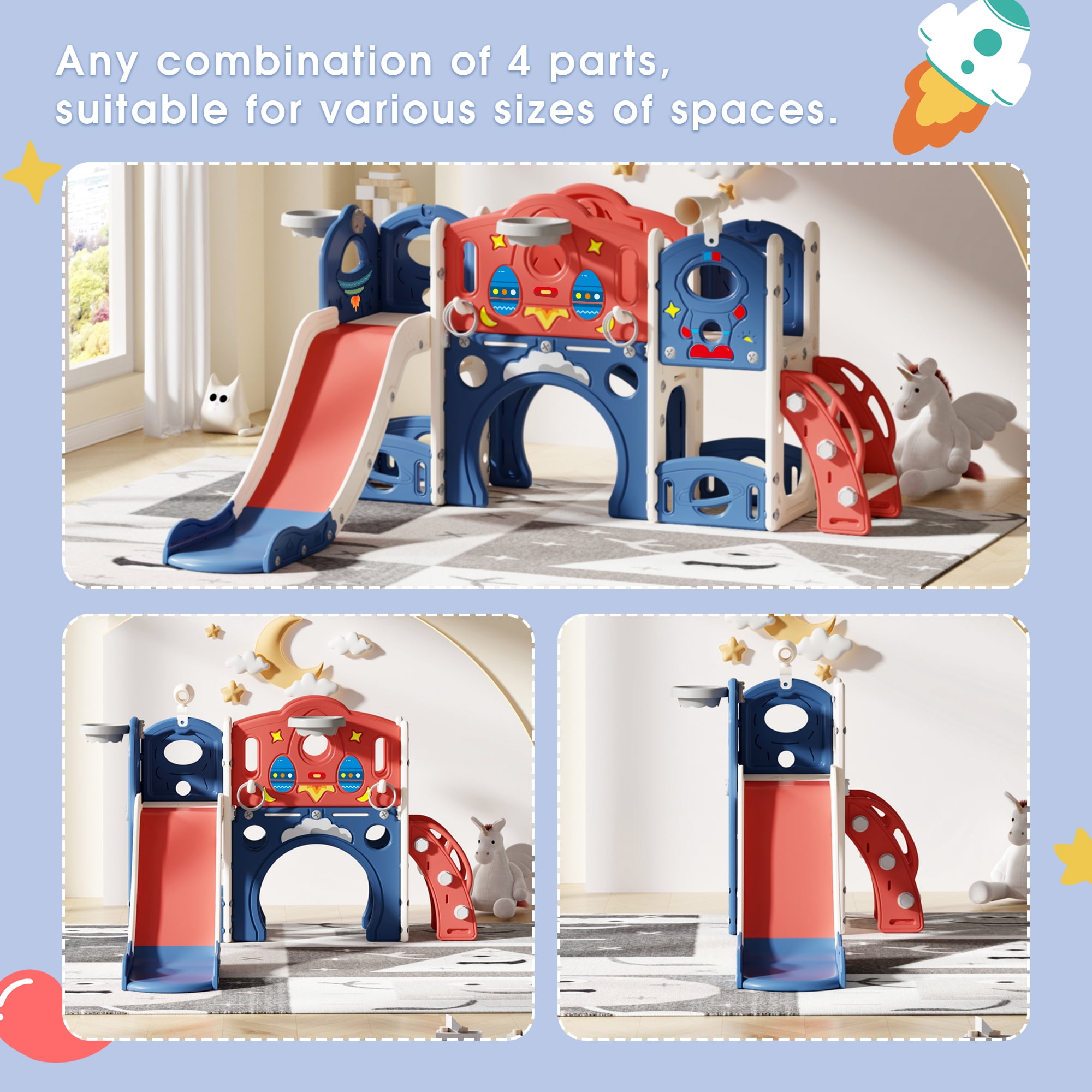 Nyeekoy 7-in-1 Kids Slide and Climber Playset with Basketball Hoop (Blue) nekk4