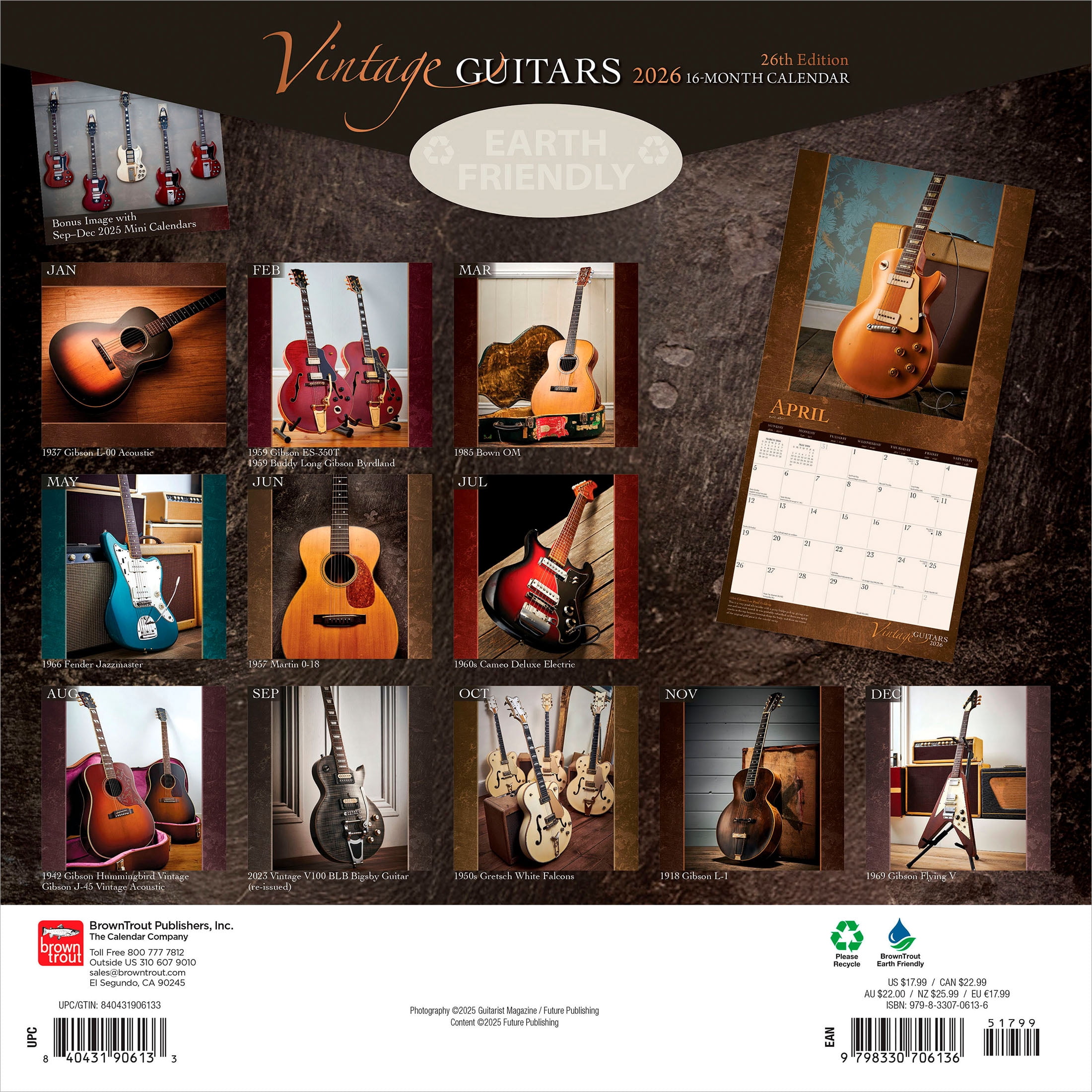 BrownTrout Vintage Guitars 2026 Wall Calendar, Hanging Square Monthly Planner (12 in x 24 in) vm55w