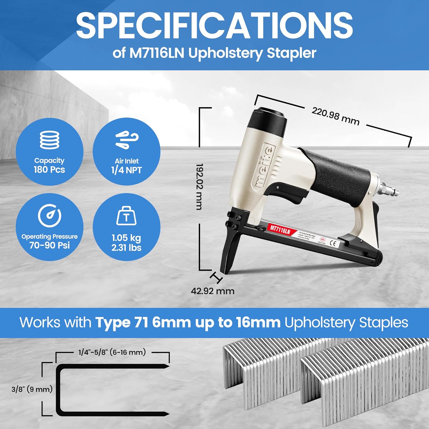 MEITE Long Nose Pneumatic Upholstery Stapler (Silver, 22 Gauge, 71 Series, 3/8 in Crown, 0.25 in to 0.625 in Length) c9f0k