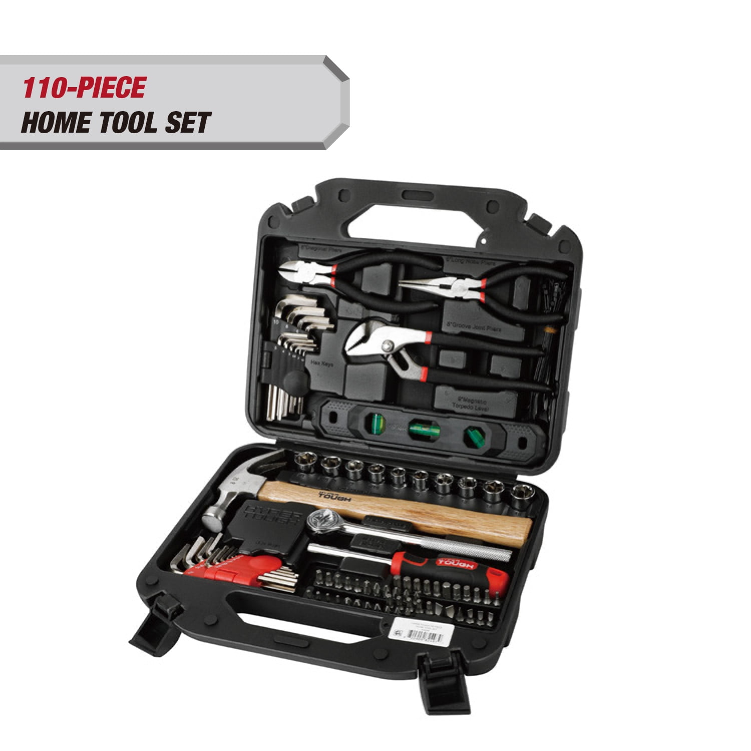 Hyper Tough 110-Piece Home Project Tool Set, Heavy-Duty DIY Repair Kit with Storage Case (Red, 110-Piece) 4lg5q