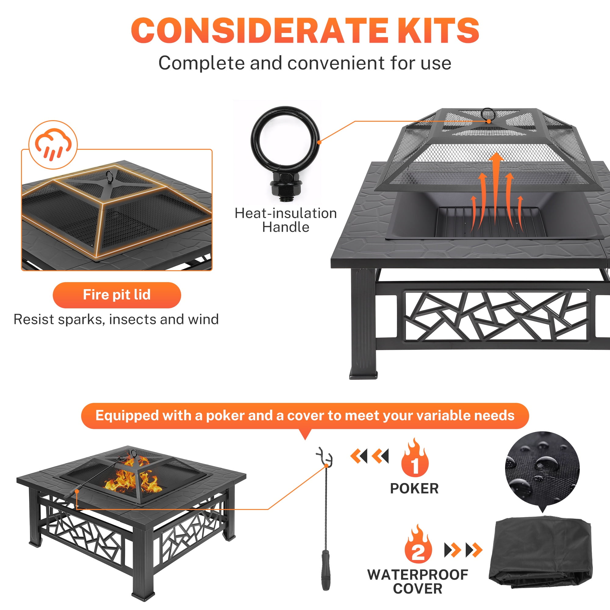 Segmart 32 in Square Outdoor Fire Pit with Spark Screen and Lid (Black, 32 in) 6juqy