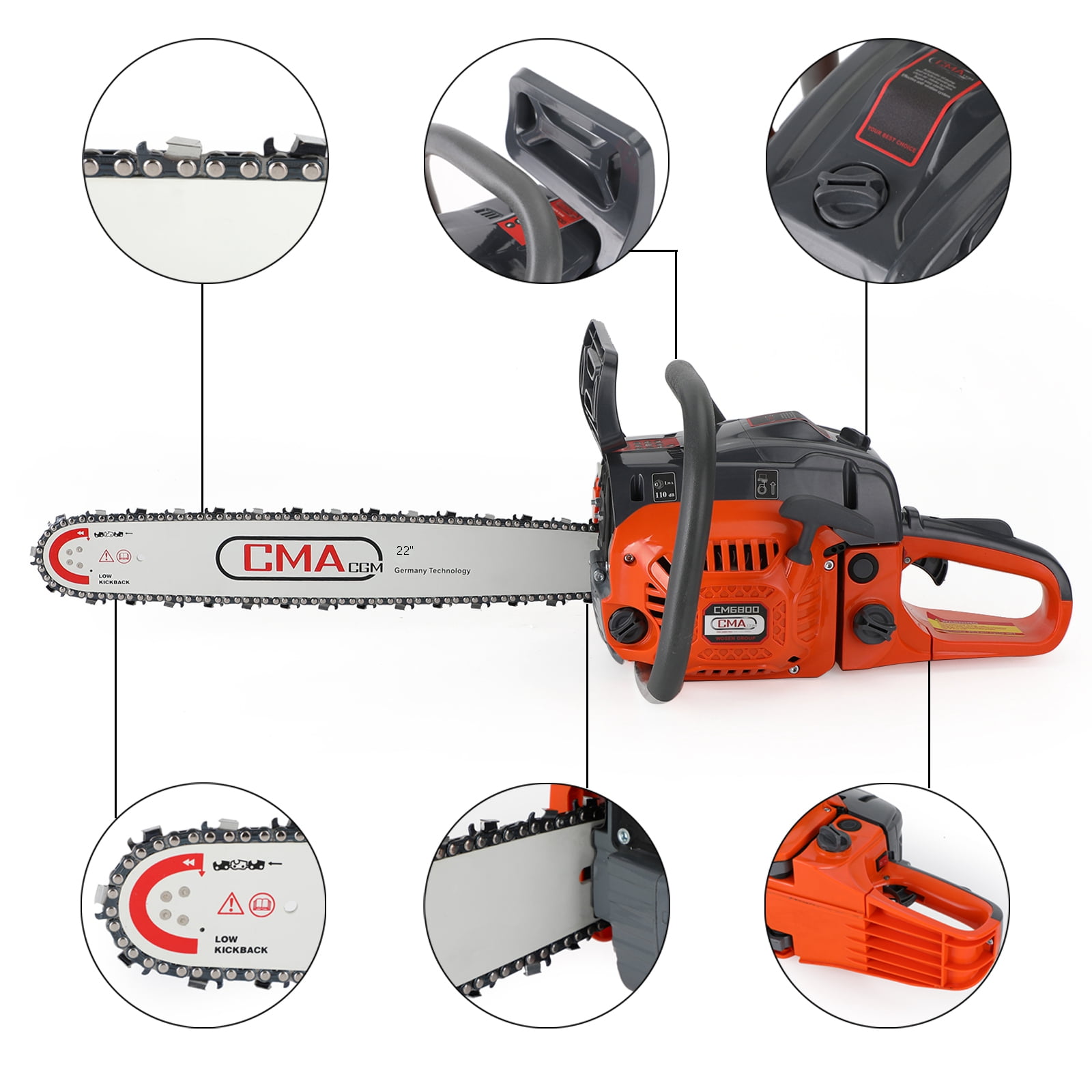 Topteng 68CC Gasoline Powered Chainsaw, Heavy-Duty Wood Cutting Tool with Automatic Chain Oiler (Orange, 22 in) hvlhg