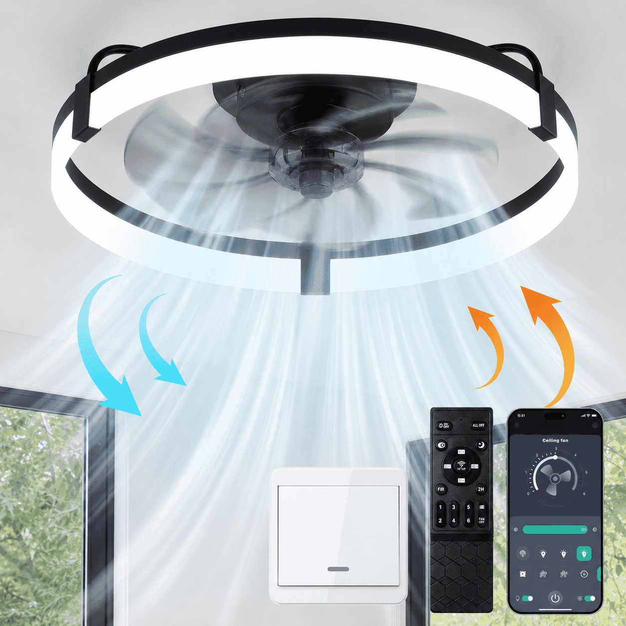 Mehoom 20 in Low Profile Ceiling Fan with LED Light, Remote & APP Control, Reversible 6-Speed Flush Mount Fan (White, 20 in) y3469
