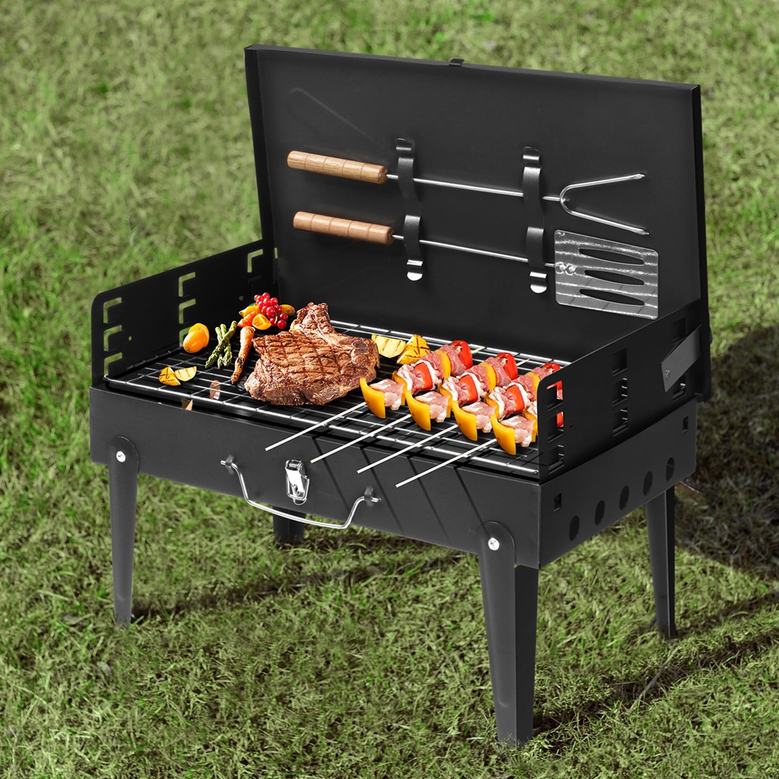 Tcbosik Portable Charcoal Grill, Folding Outdoor Barbecue Stove with Lid and Adjustable Height (Black) a059w