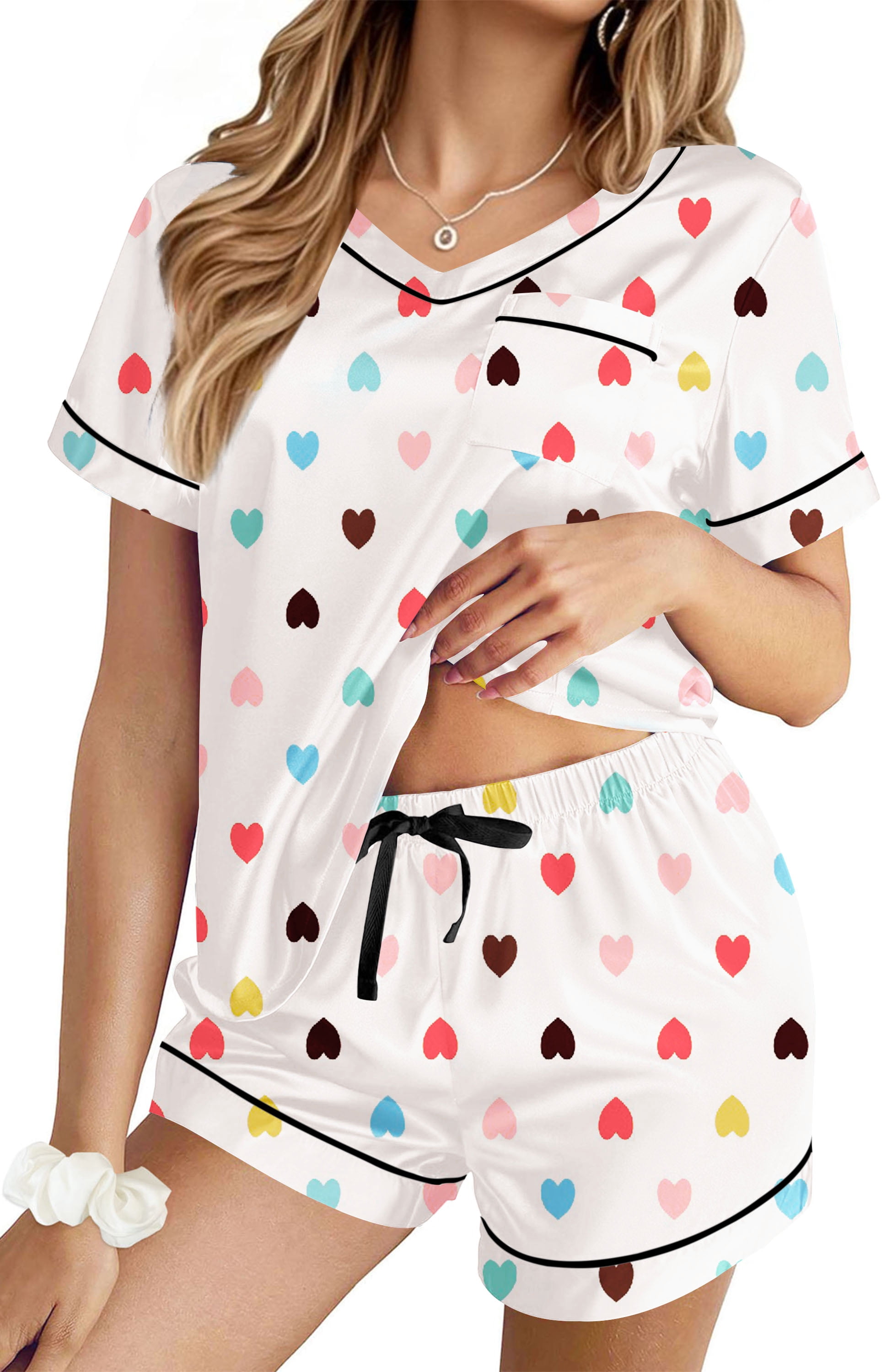 UVN Womens Satin Pajama Set Short Sleeve V-Neck Sleepwear Loungewear (White, S-2XL) wsncq
