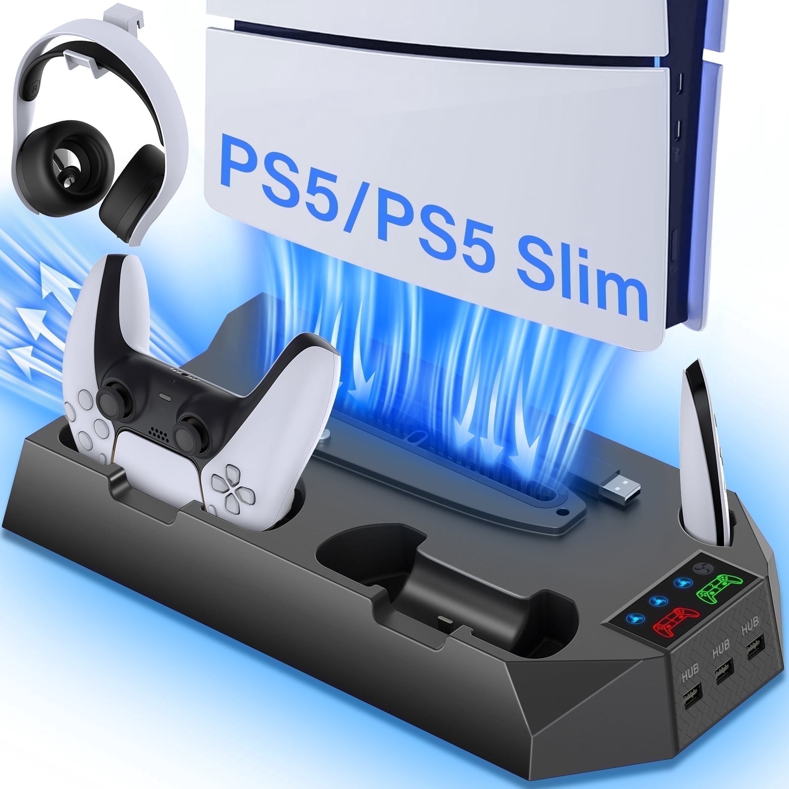 ZRZLMVP PS5 Cooling Stand with Dual Controller Charging Station and 3-Speed Fan (Black, 1 Pack) 2p95t