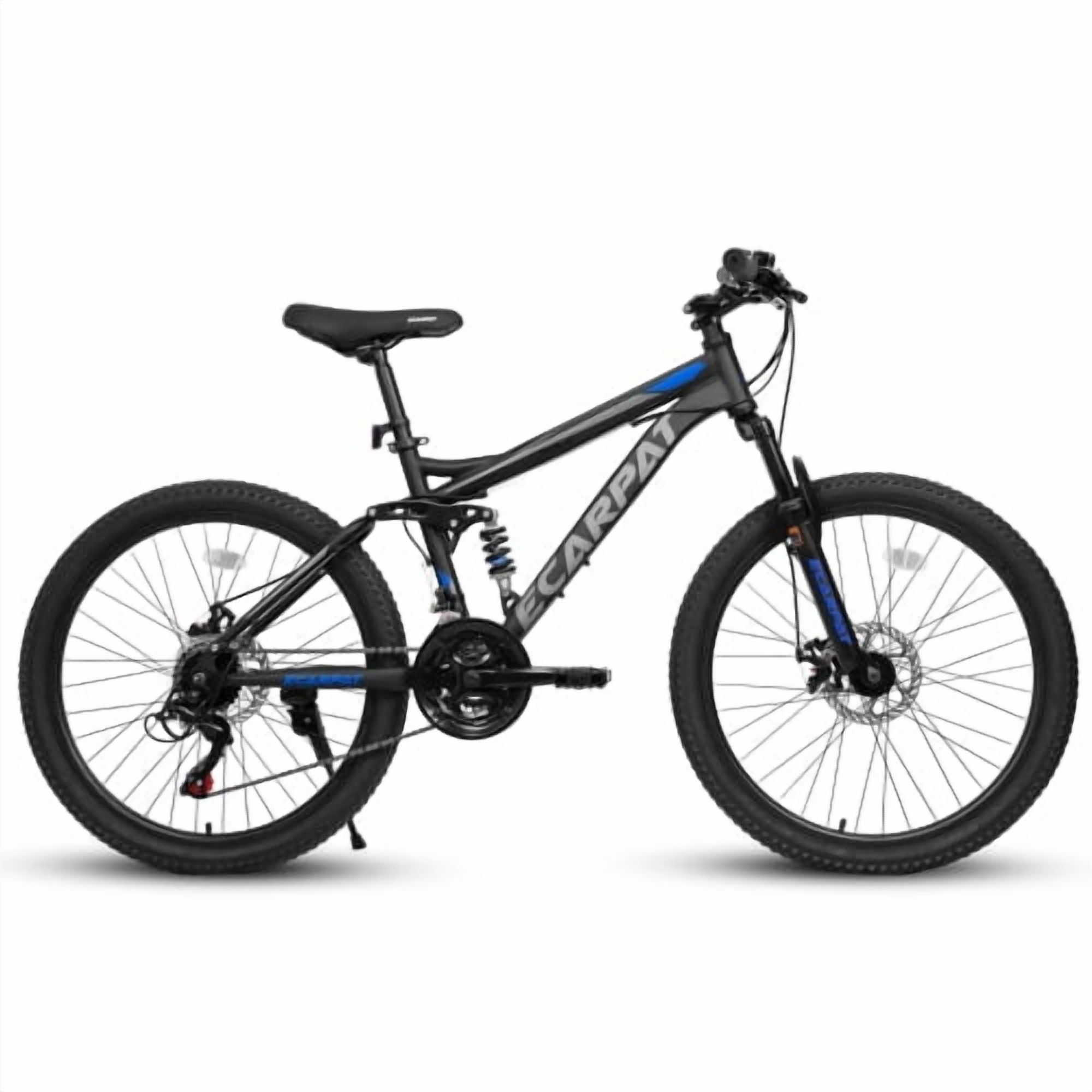 Aezusy Mountain Bike 21-Speed Full Suspension Trail Commuter Bicycle with Carbon Steel Frame and Disc Brakes (Blue, 24 in) nj88p
