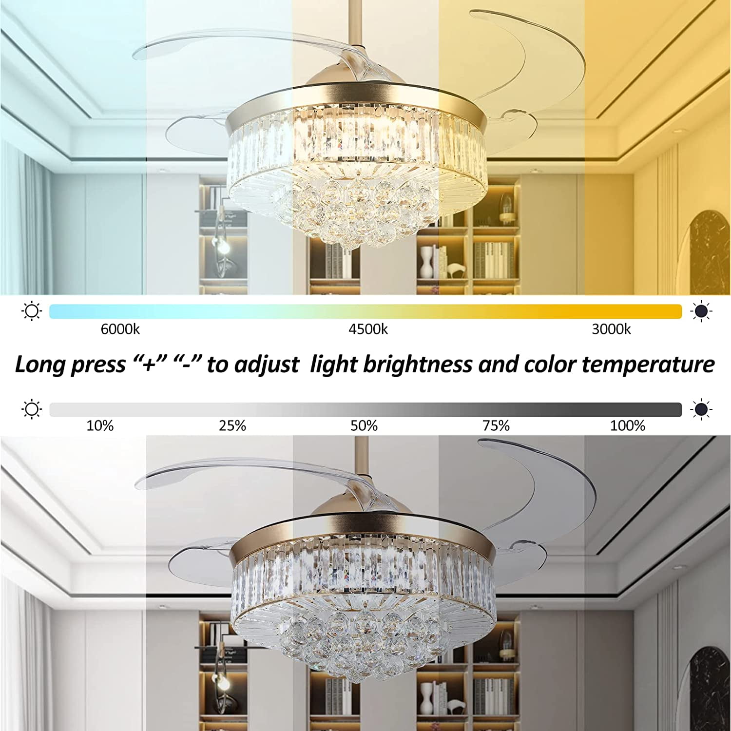 Datingday 42 in Crystal Ceiling Fan Chandelier with Remote (Gold, 42 in) exti6