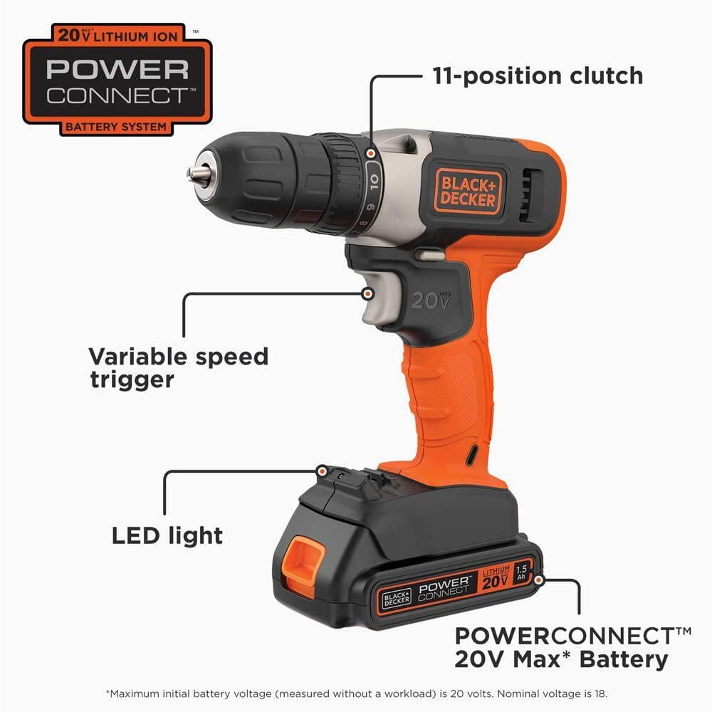 BLACK+DECKER 20V Max Cordless Drill Driver Kit with LED Work Light (Black, 1.5 Ah) jmj0q