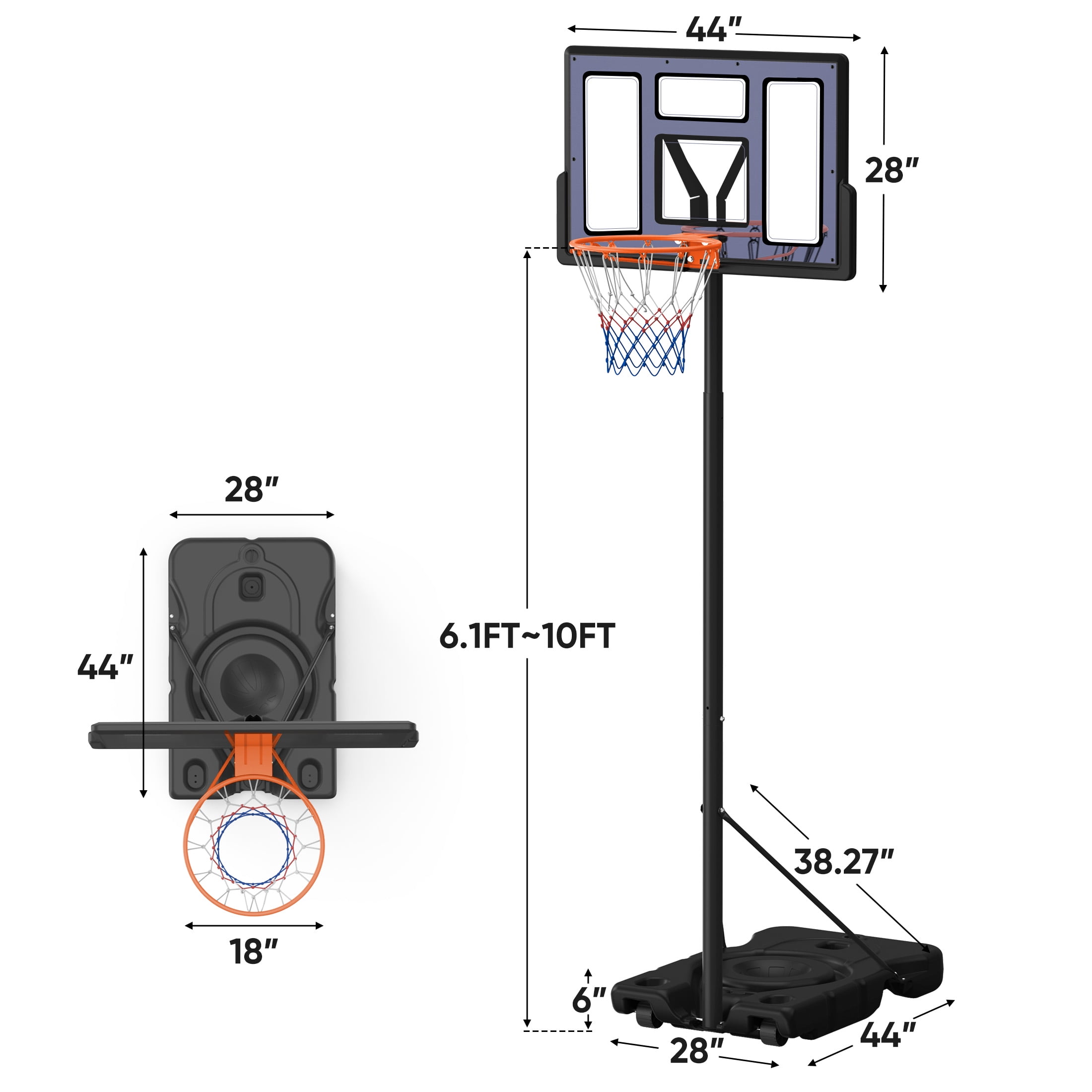 Edx Portable Basketball System, Adjustable Height Outdoor Hoop with 44 in Shatterproof Backboard (Grey, 6.1 ft to 10 ft) tkiy8