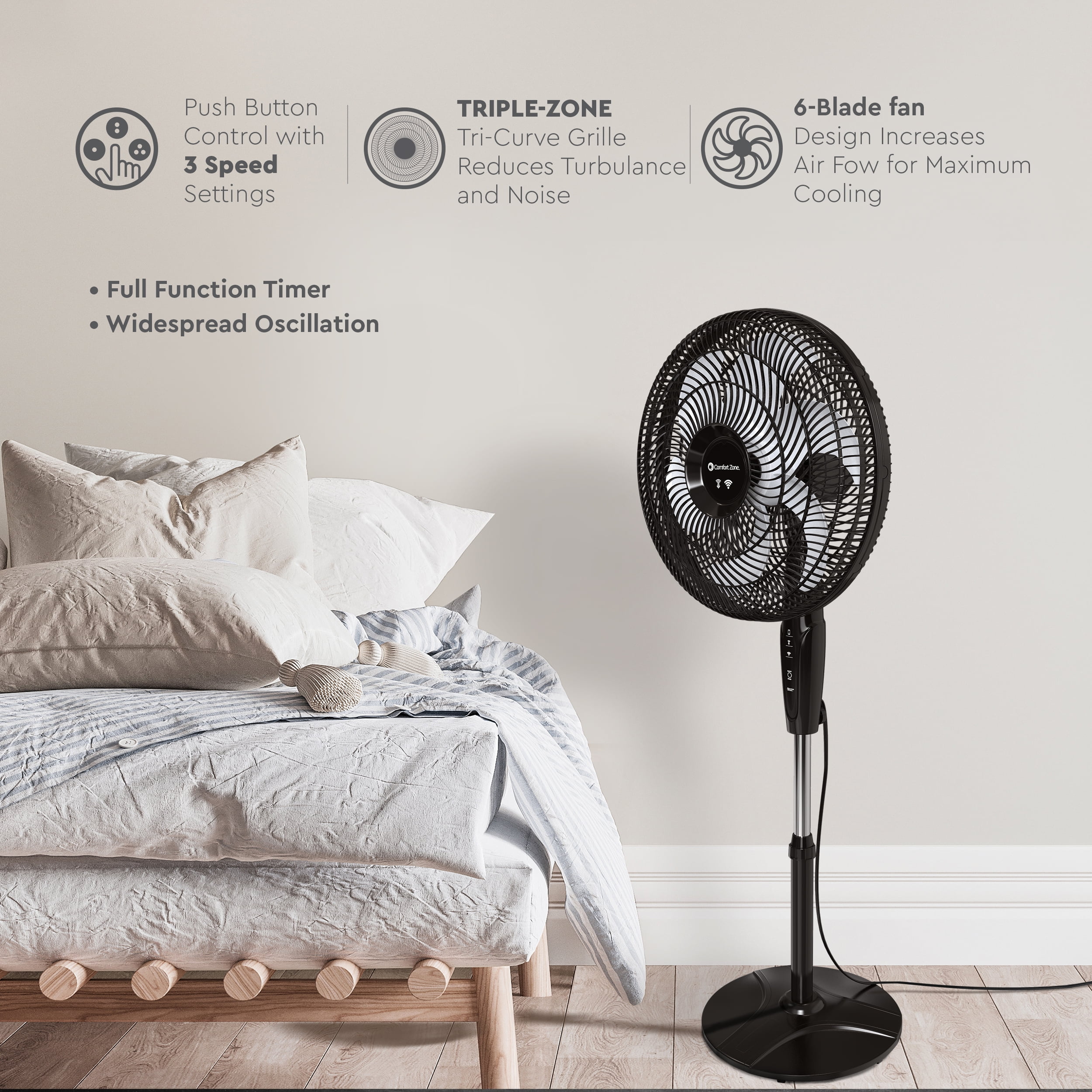 Comfort Zone 18 in. Oscillating Stand Fan (Black, 53 in Height) mjkk6