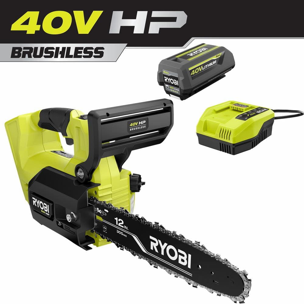 Ryobi 40V HP 12 in. Cordless Chainsaw, High-Performance Brushless Motor with Top Handle Design (4Ah Battery and Charger Included) bdxoe