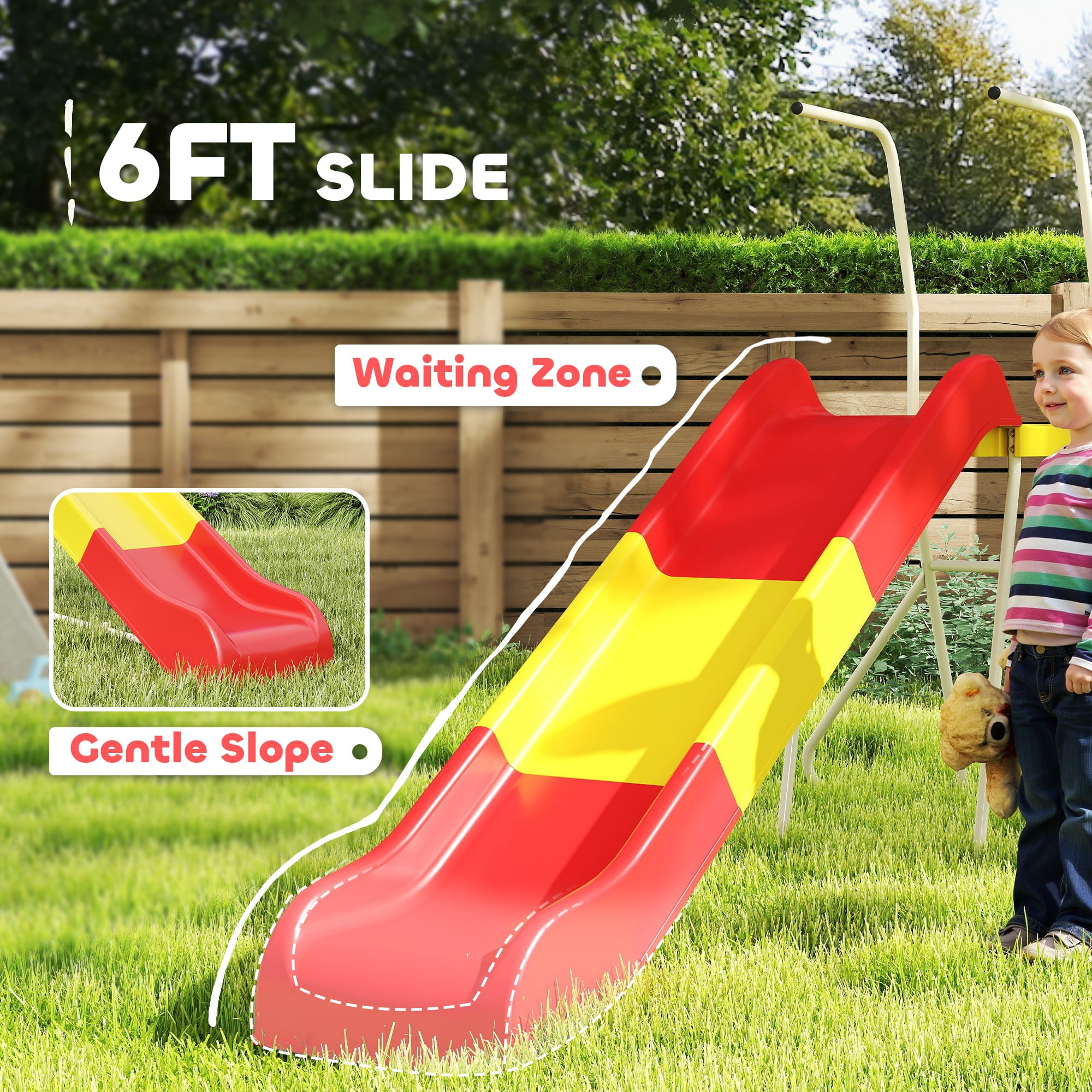 Qaba 6ft Freestanding Metal Slide for Kids with Climbing Ladder (Red, 97.6 in L x 49.2 in W x 59.8 in H) 7qv0h