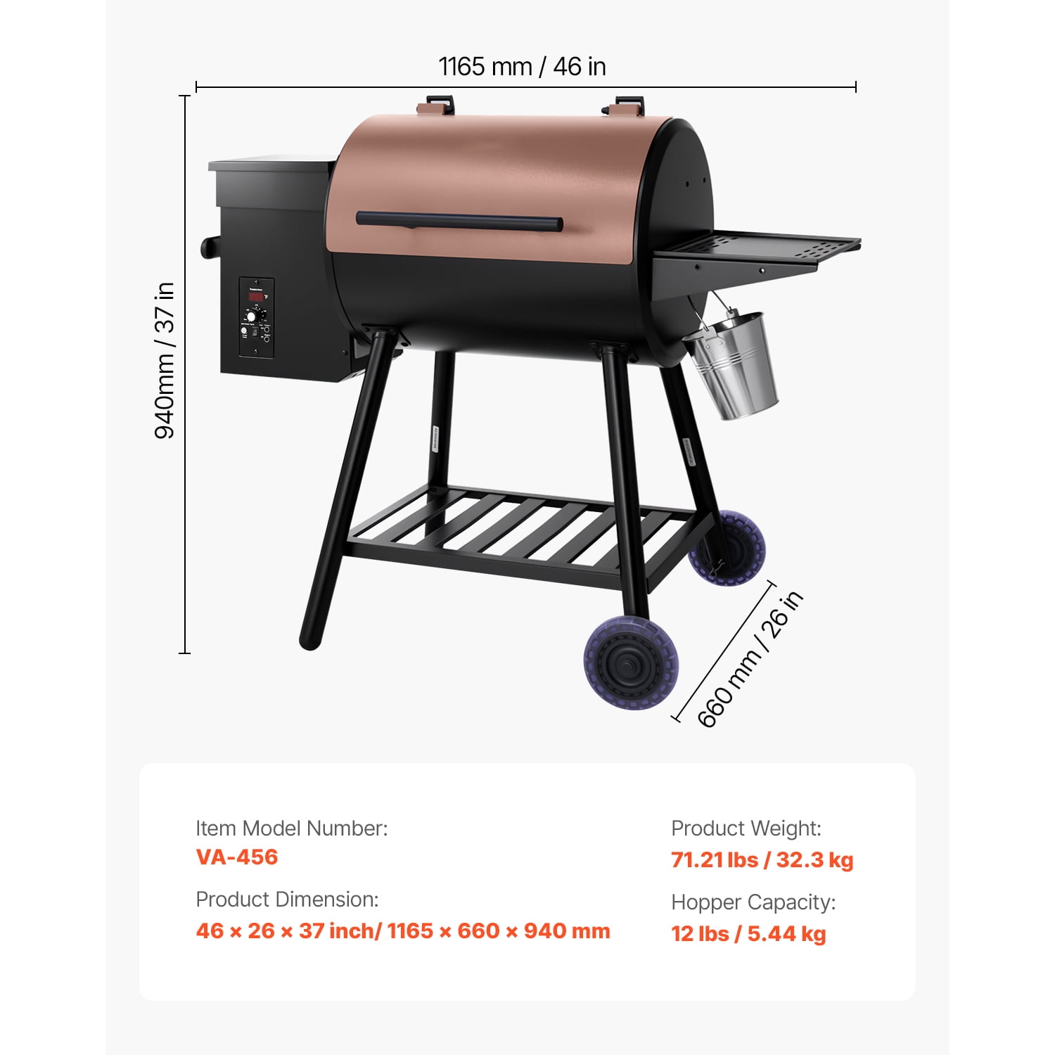 KFFKFF Wood Fired Pellet Grill and Smoker with Digital Regulator and Meat Thermometer (Black, 456 sq in) 0s8fz