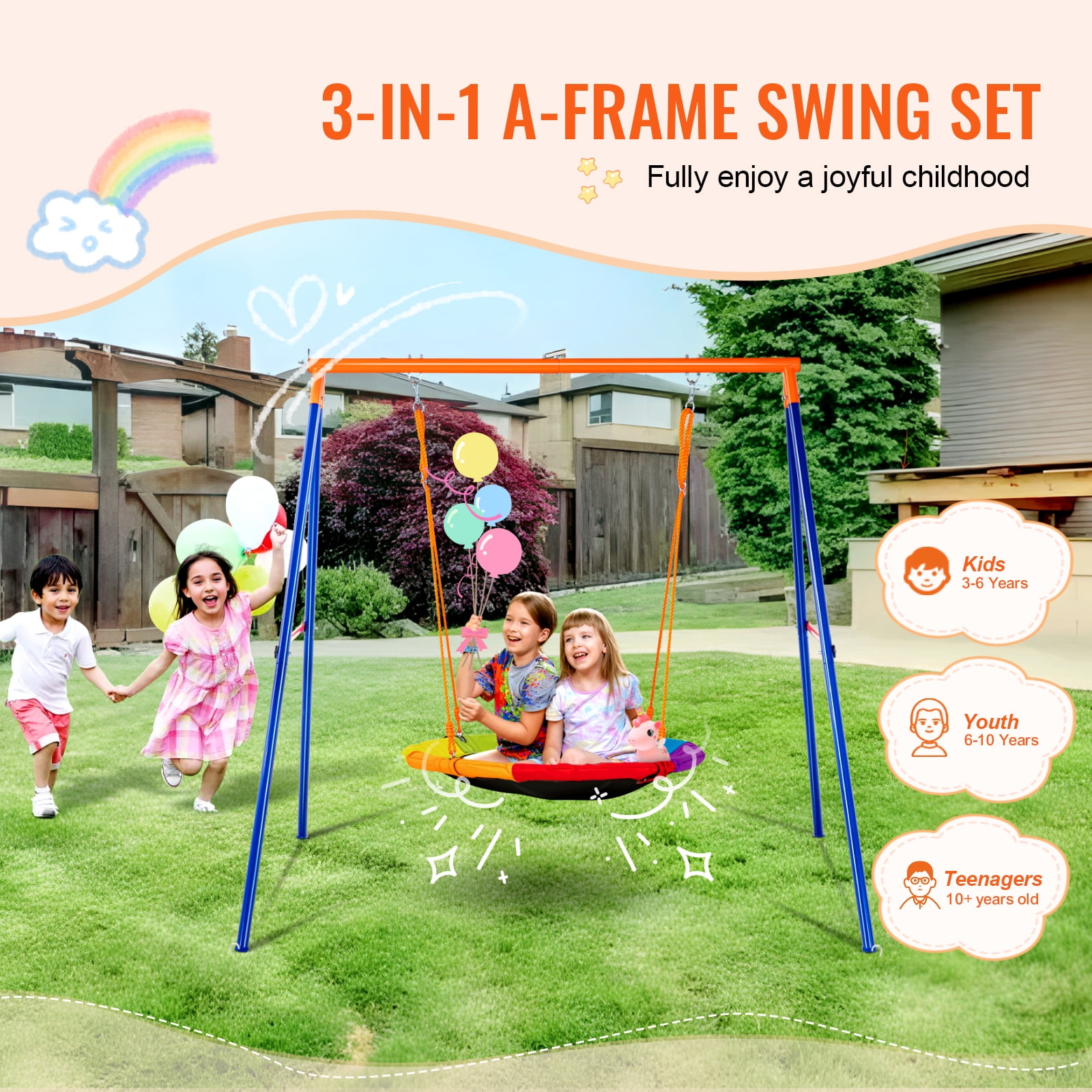 KFFKFF Outdoor Swing Set, Heavy-Duty A-Frame Metal Stand with 40 in Circular Seat, Adjustable Cord (Orange, 440 lb) 1ynm2