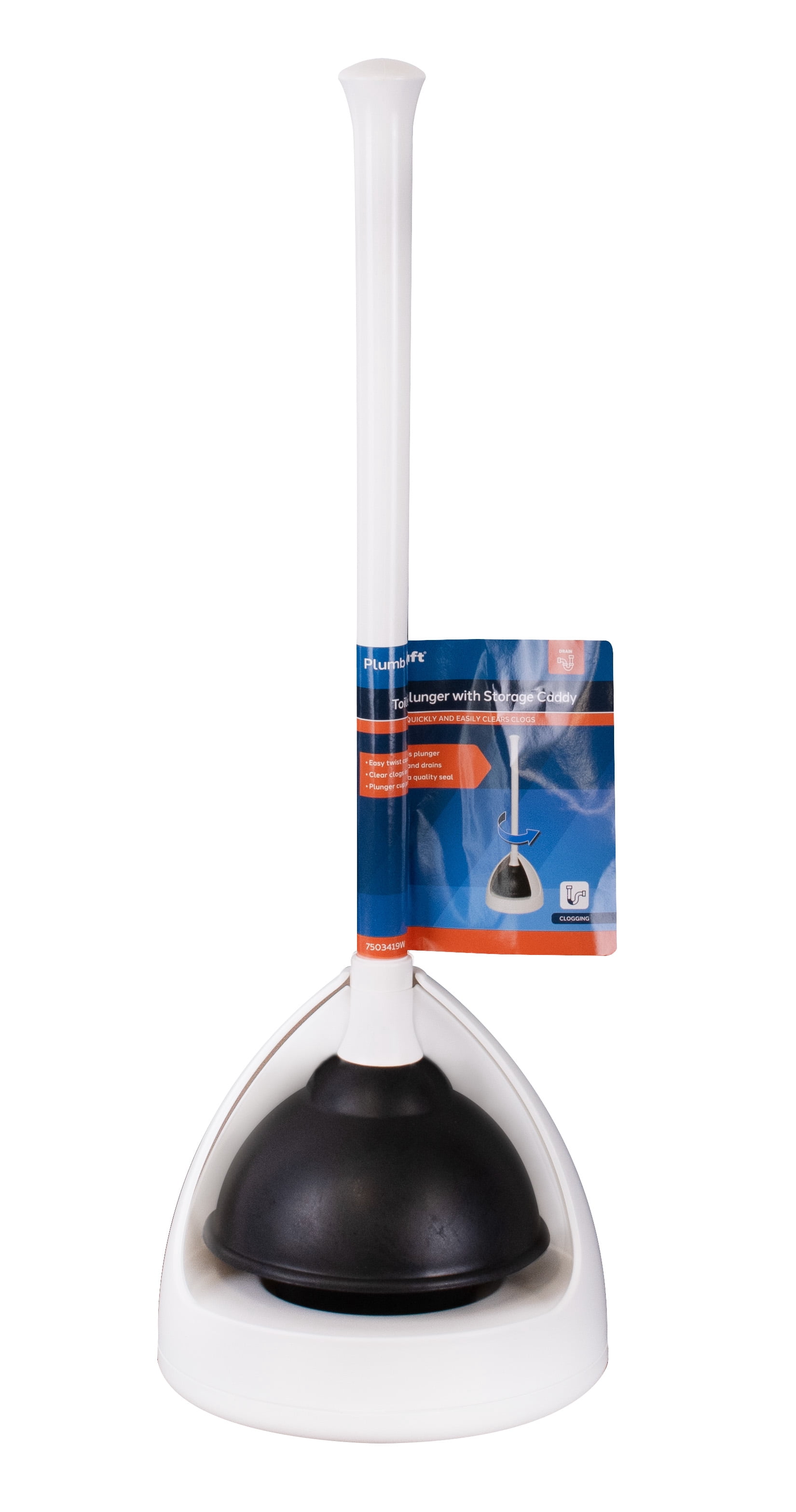 PlumbCraft Toilet Plunger and Drain Unclogger with Twist Caddy Storage Holder (White, 1 Pack) y01hn