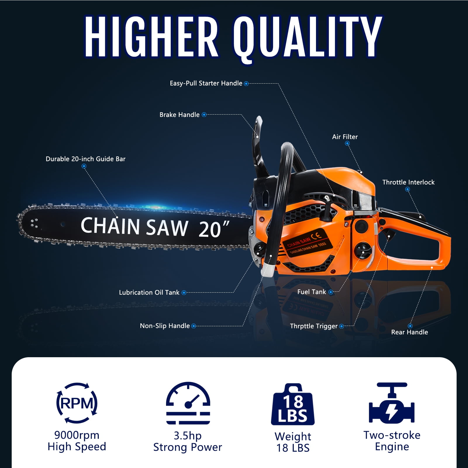 Dapmiu 58cc 2200W Gas Chainsaw (Orange, 20 in) 2h191