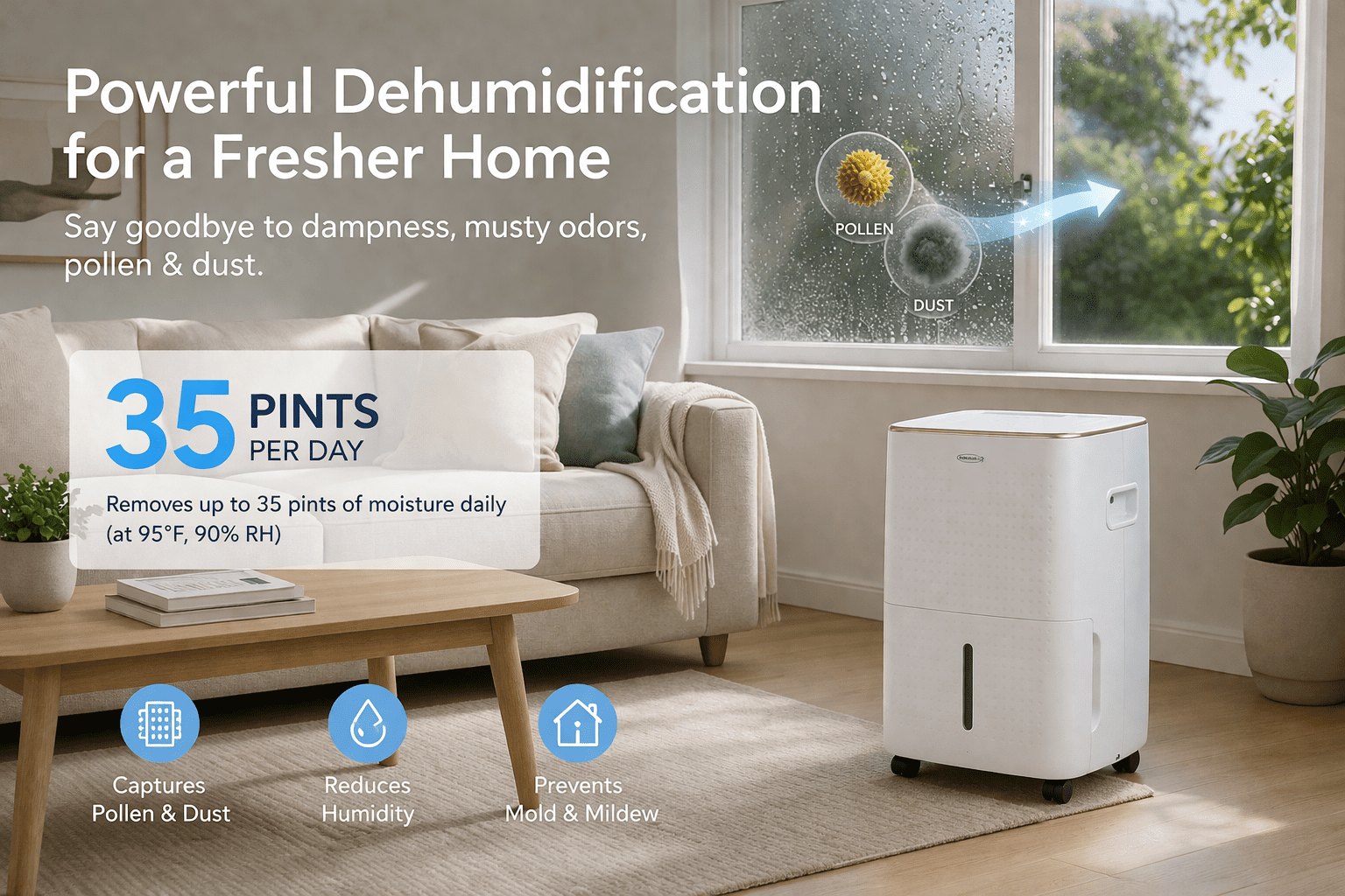 SoleusAir 35-Pint Dehumidifier with Mirage Display and Tri-Pat Safety Technology (White, 35 pt) 64x9v