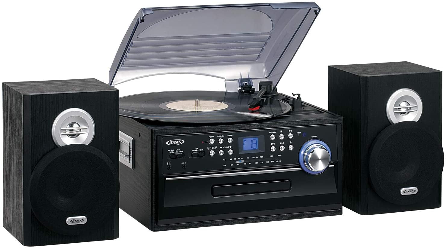 Jensen All-In-One Hi-Fi Stereo Turntable with CD Player, Cassette Deck, and AM/FM Radio (Black) qqvj7