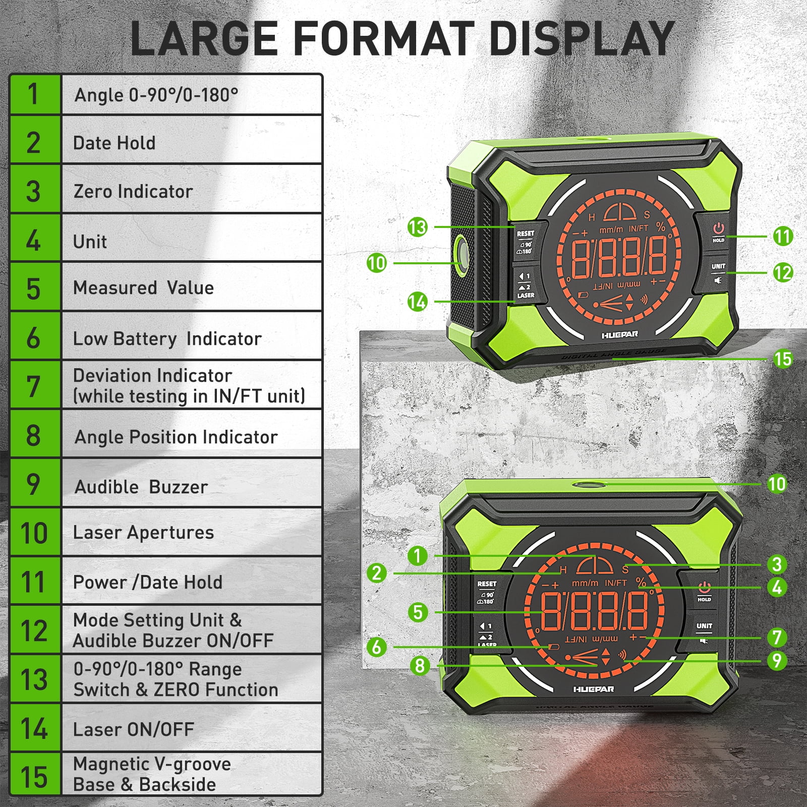 Huepar Digital Laser Angle Gauge Inclinometer with Rechargeable Battery (Green, 1 Pack) l8rcn