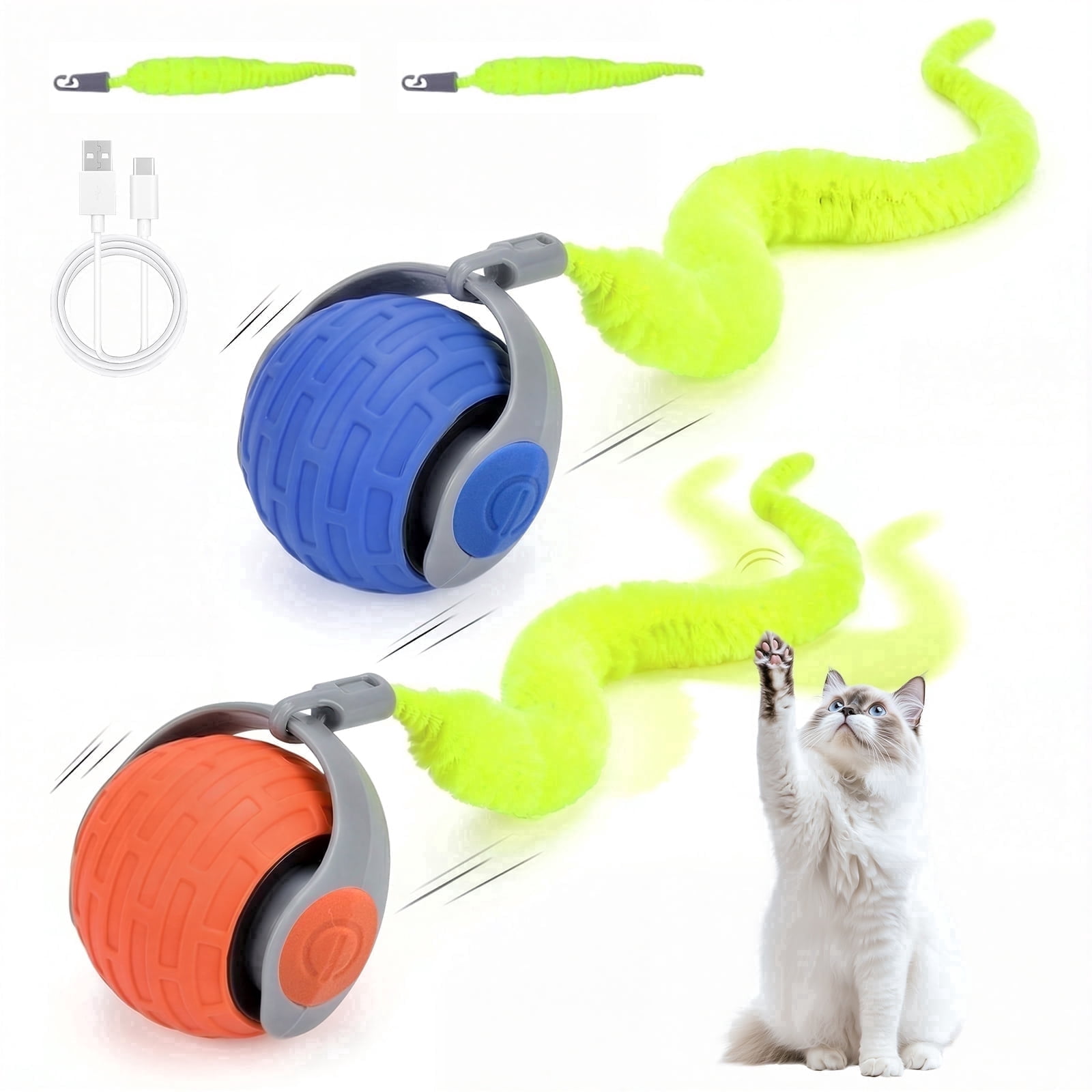 Absoke Interactive Cat Toy Ball with Feather Tails, Automatic Rolling Motion for Indoor Cats (Blue-Orange, 2 Pack) nof74