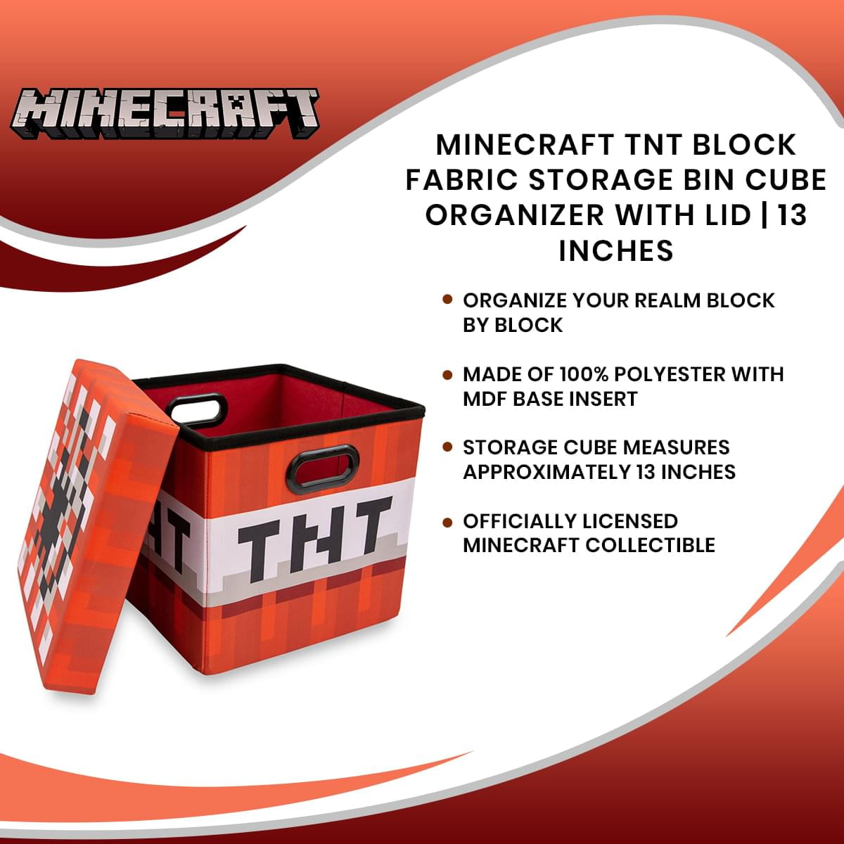 Minecraft TNT Block Fabric Storage Bin Cube Organizer with Lid (Red, 13 in) jqqhy