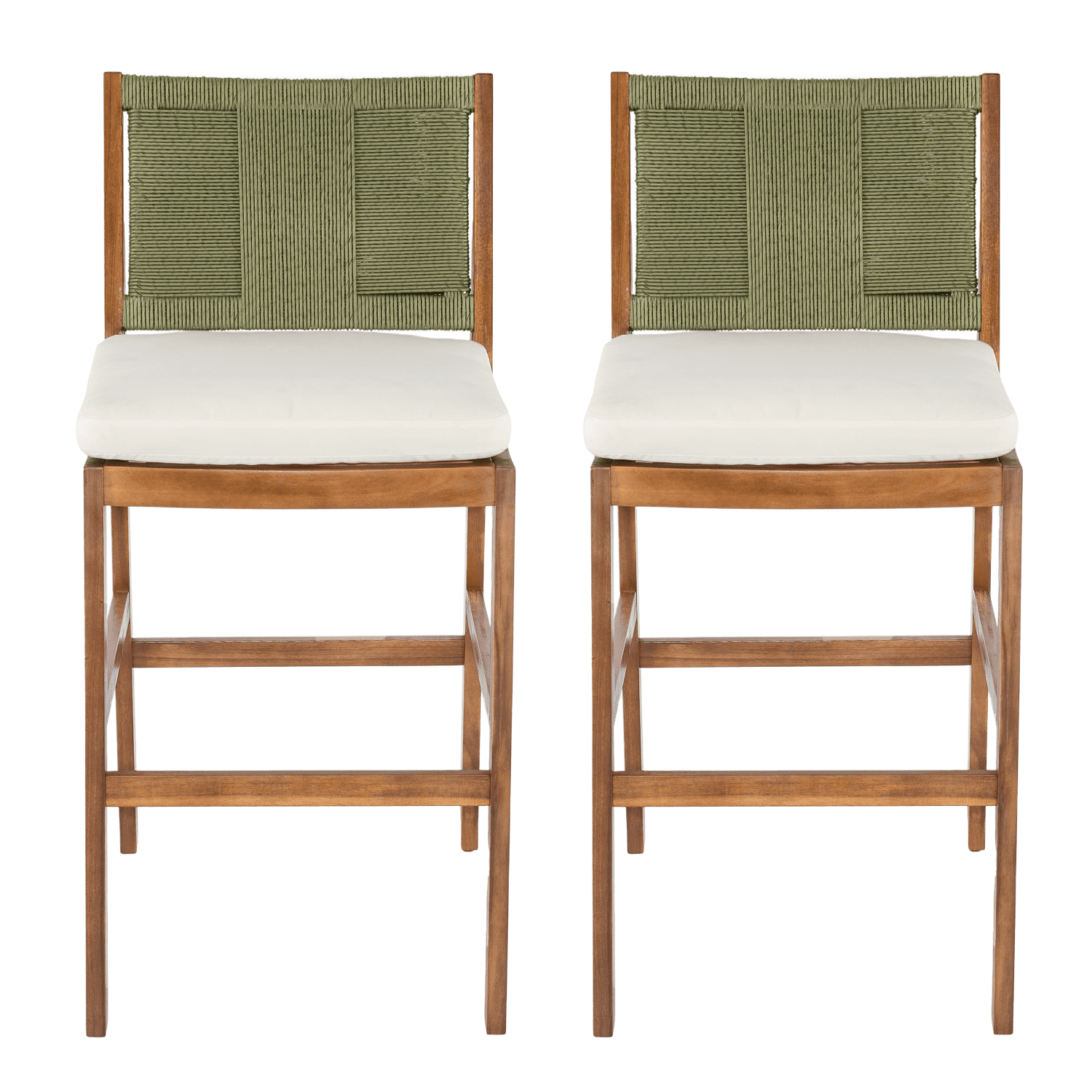 Tcbosik Outdoor Acacia Wood Bar Stools with Wicker Back and Cushions (Cream & Green, 2-Piece Set) sohbd