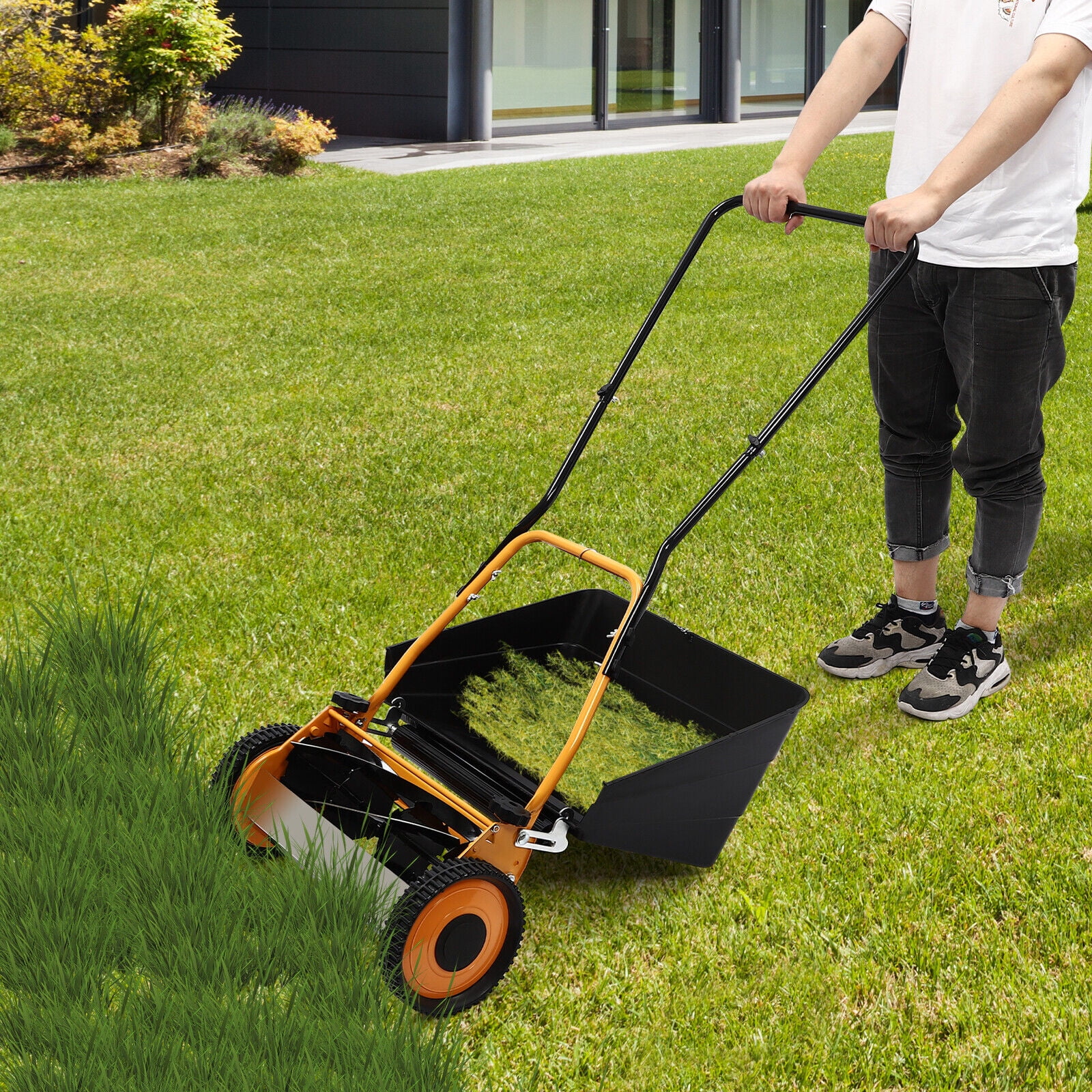 Generic 16-inch Manual Hand Push Lawn Mower with Grass Catcher (Black, 16 in) s1j2u