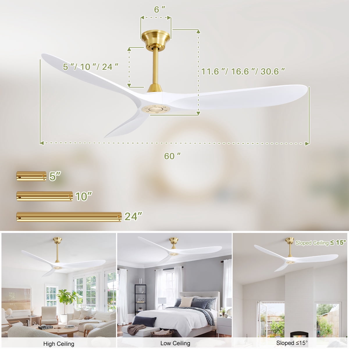 Sofucor 60 in Modern Smart Ceiling Fan with DC Motor and App Control (Gold, 60 in) px8xz