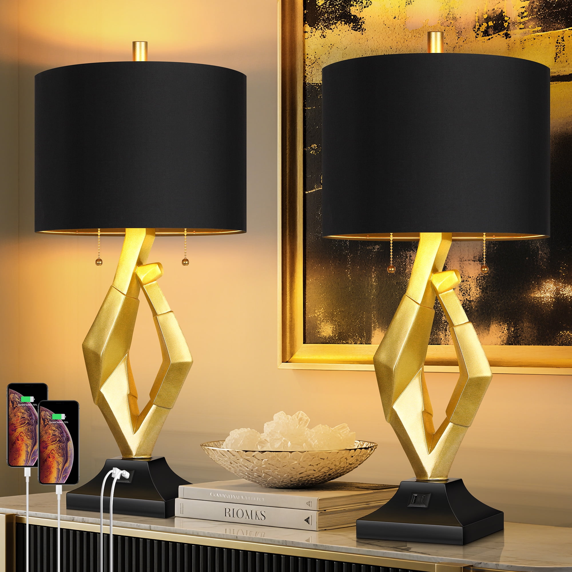 SparkGlowy Contemporary Resin Table Lamps with USB Charging Ports and Black Shades (Gold, 25.5 in) jw9tf