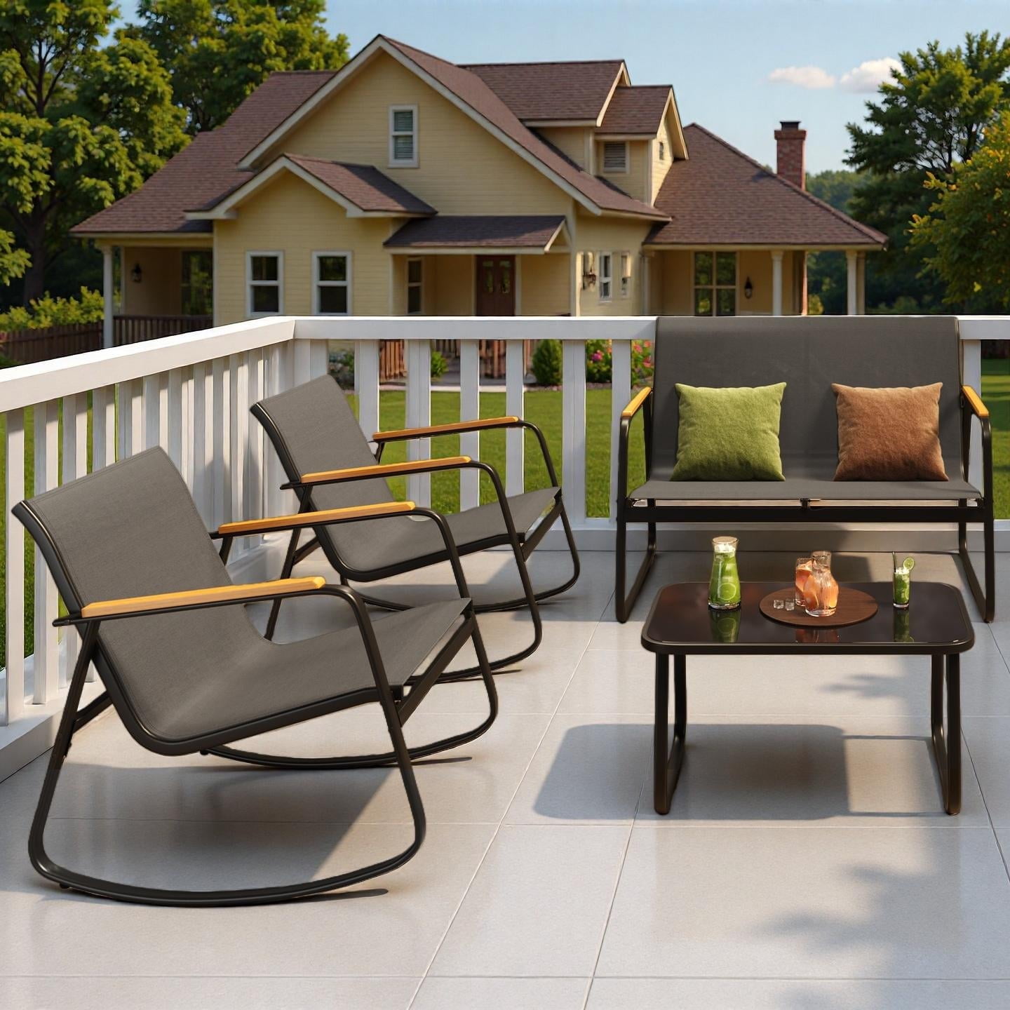 Jolifa 4-Piece Outdoor Conversation Set with Rocking Chairs and Coffee Table (Black, 4-Piece Set) 7cuwo