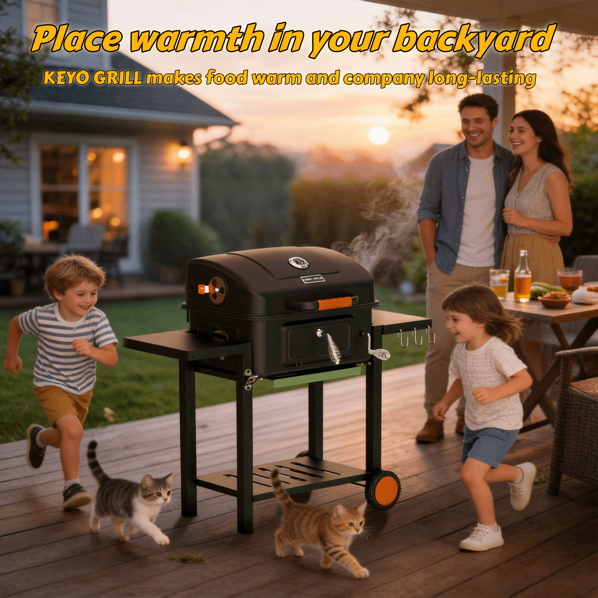 KEYO GRILL Large Charcoal Grill with Foldable Side Tables and Height-Adjustable Ash Pan (Black, 44.5 in x 36 in x 22 in) 4njvm