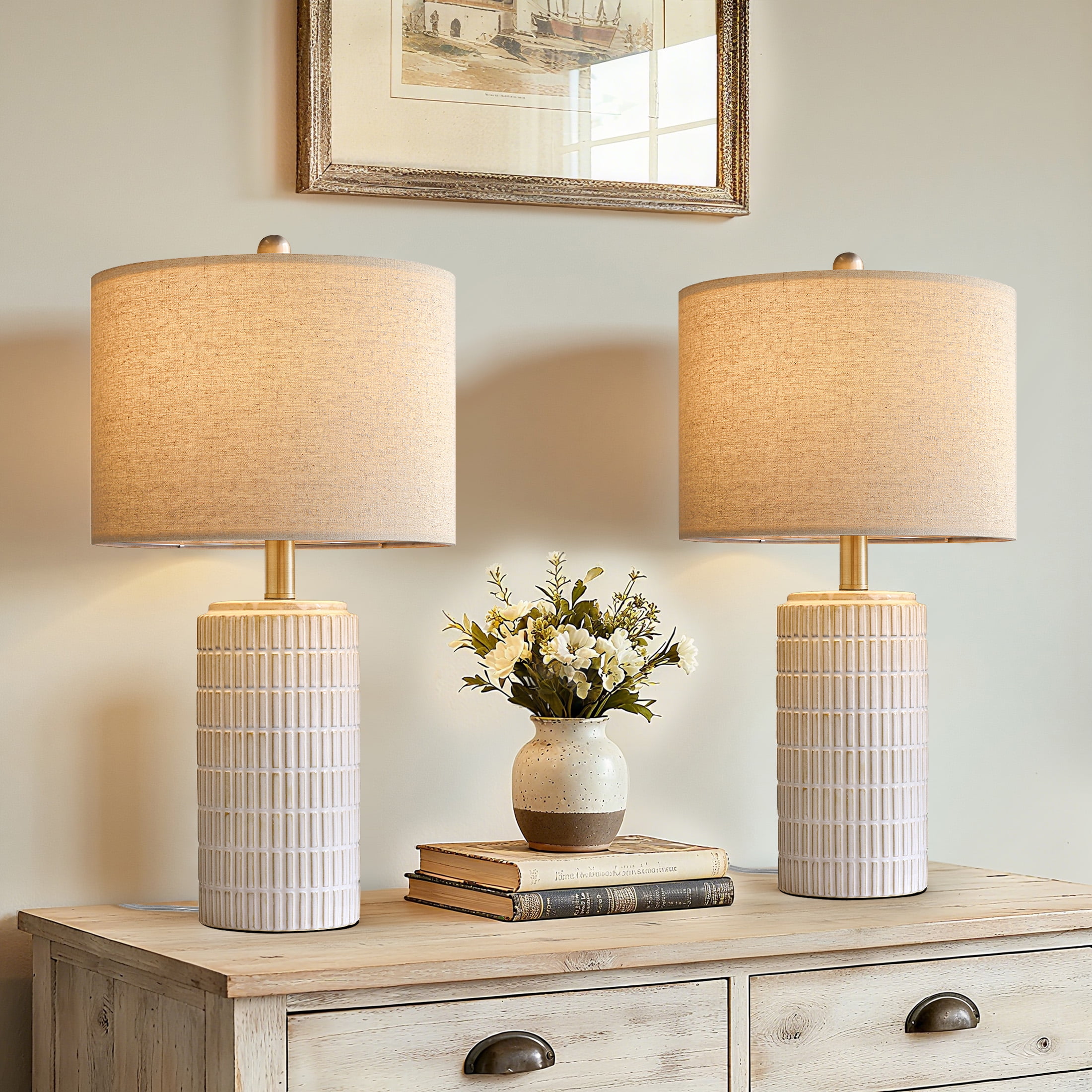 Oneach Ceramic Table Lamps Set of 2, Rustic Bedside Nightstand Lighting with Linen Shades (White, 23 in) 5a0kk