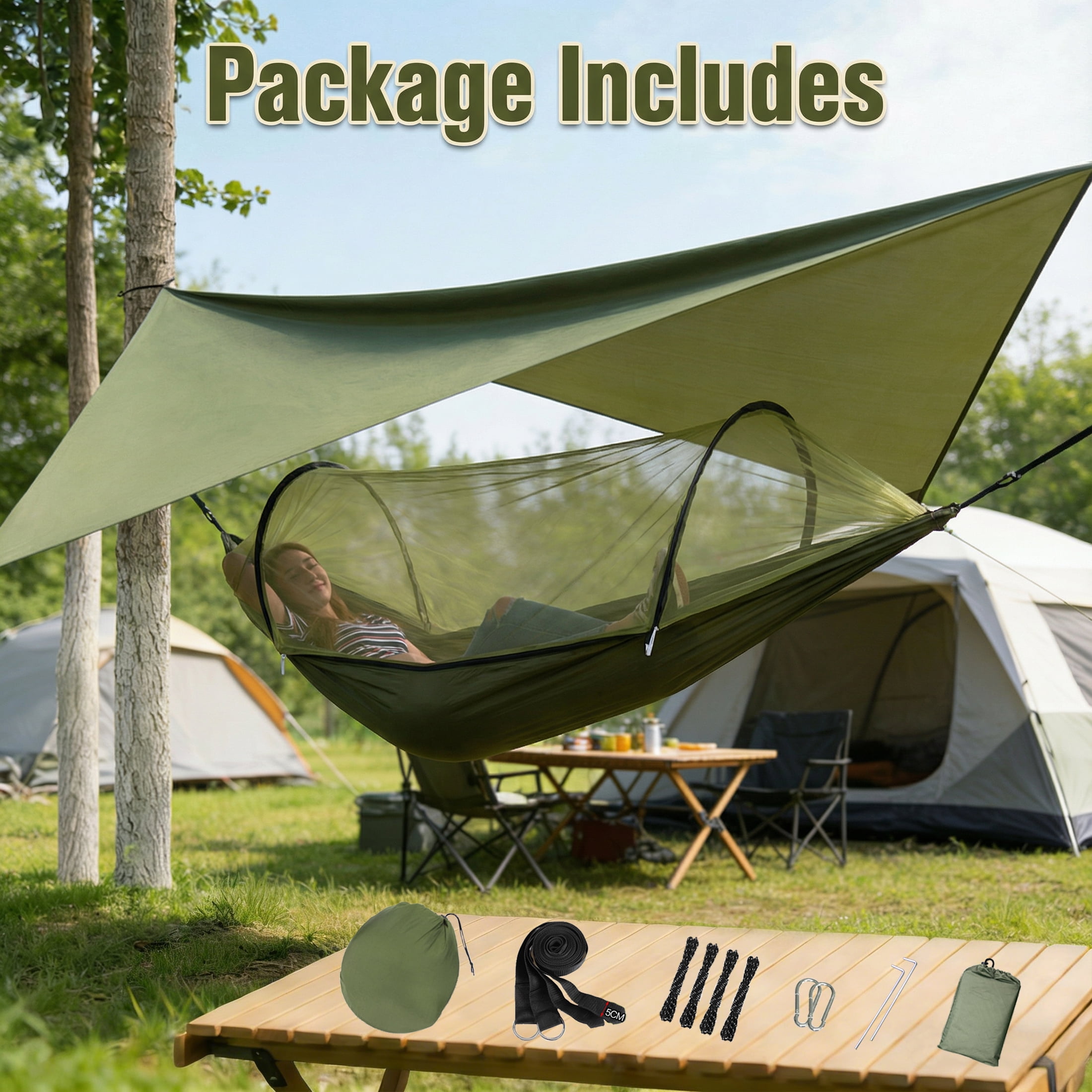 EZBY Camping Hammock with Mosquito Net and Sunshade Tarp (Green, 102 in x 55 in) 0c656