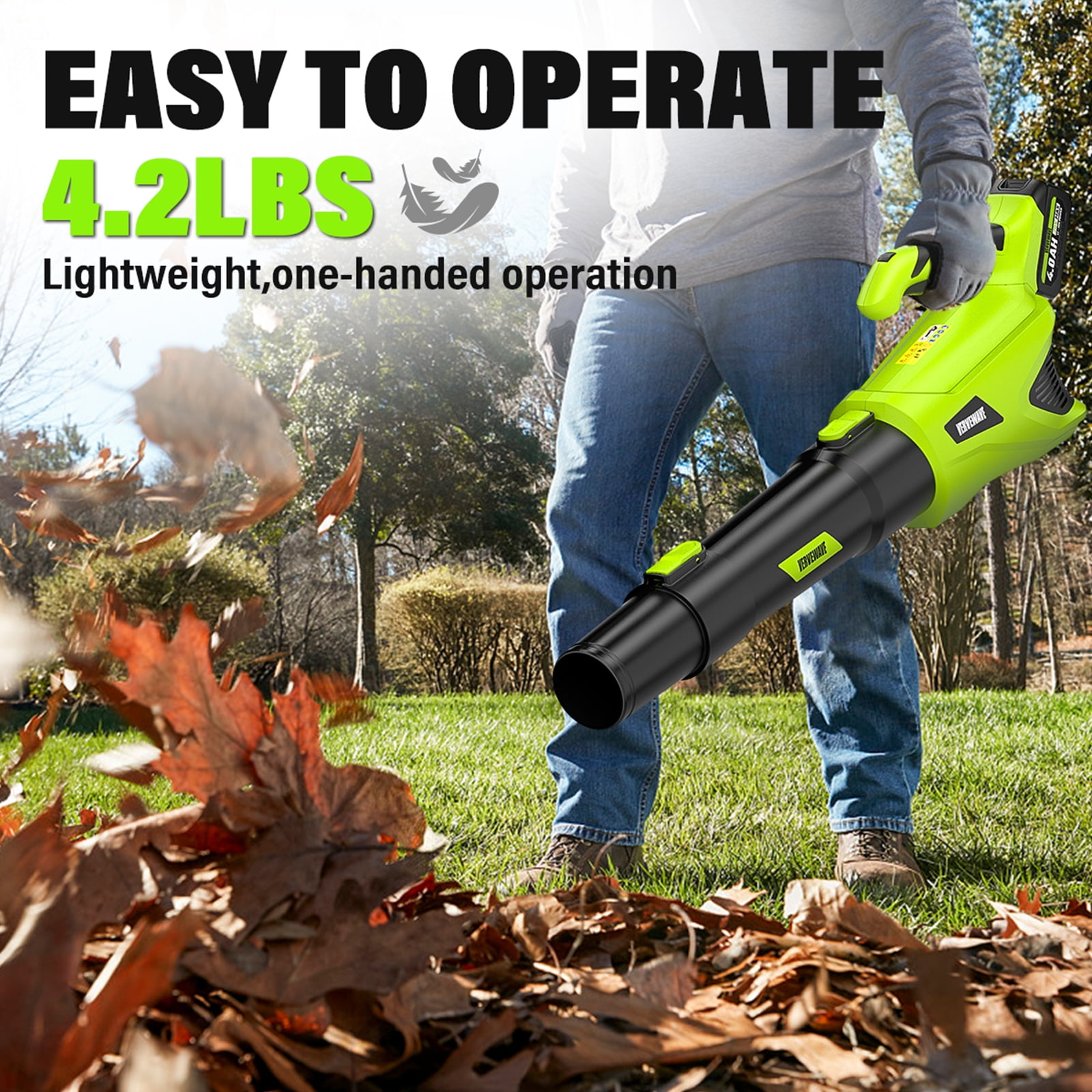 VERVEWAVE Cordless Leaf Blower, 580CFM Electric Handheld Blower with 5-Speed Control, Includes 2 x 4.0Ah Batteries and Charger (4.2 lb) uwsab