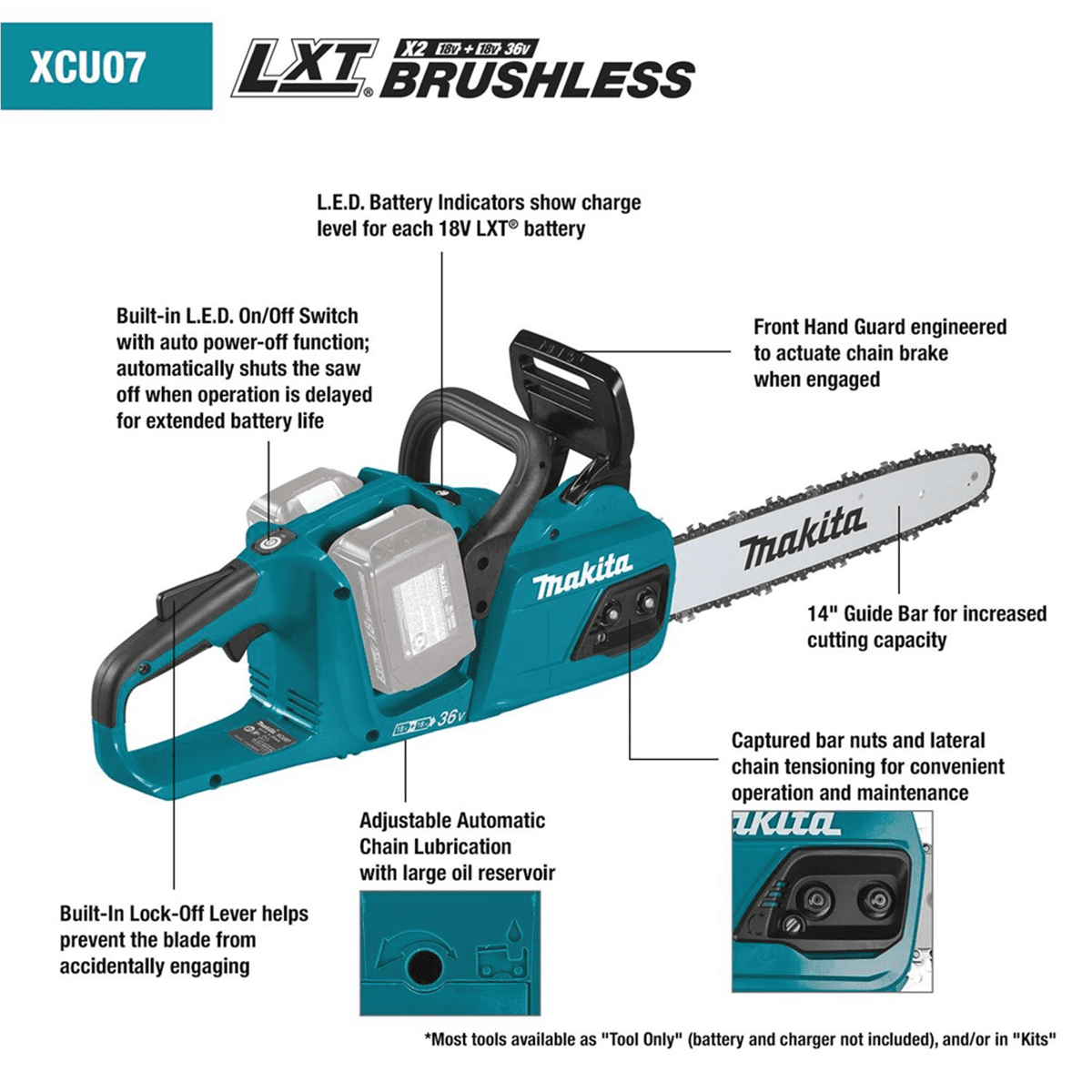 Makita 36V LXT Brushless 14 in Cordless Chain Saw Kit (Black, 5.0Ah) gop3f