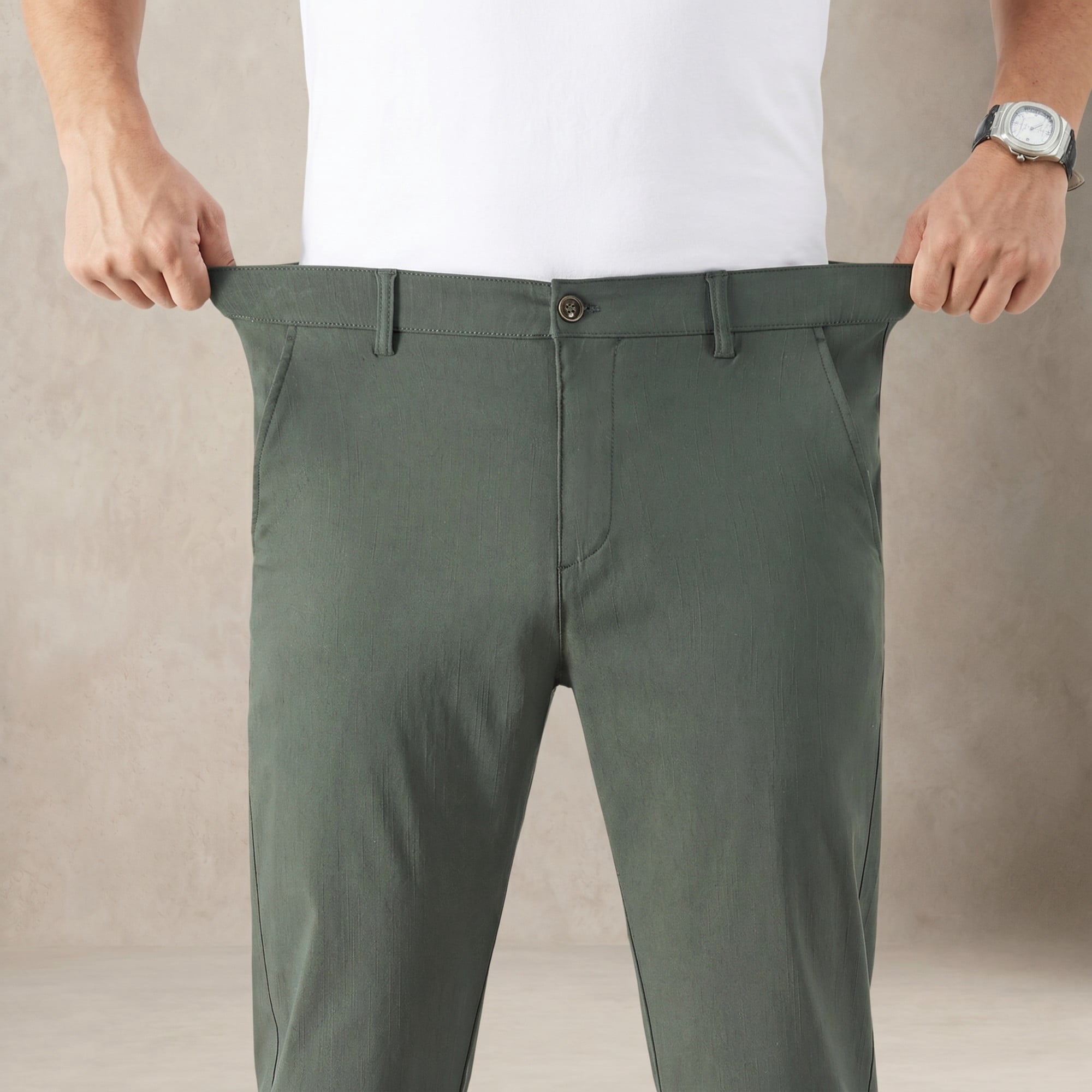 MEILIHUA Men's 4-Way Stretch Dress Pants Mid-Rise Straight Cut Elastic Waist (Green, 32x30) k6bsd