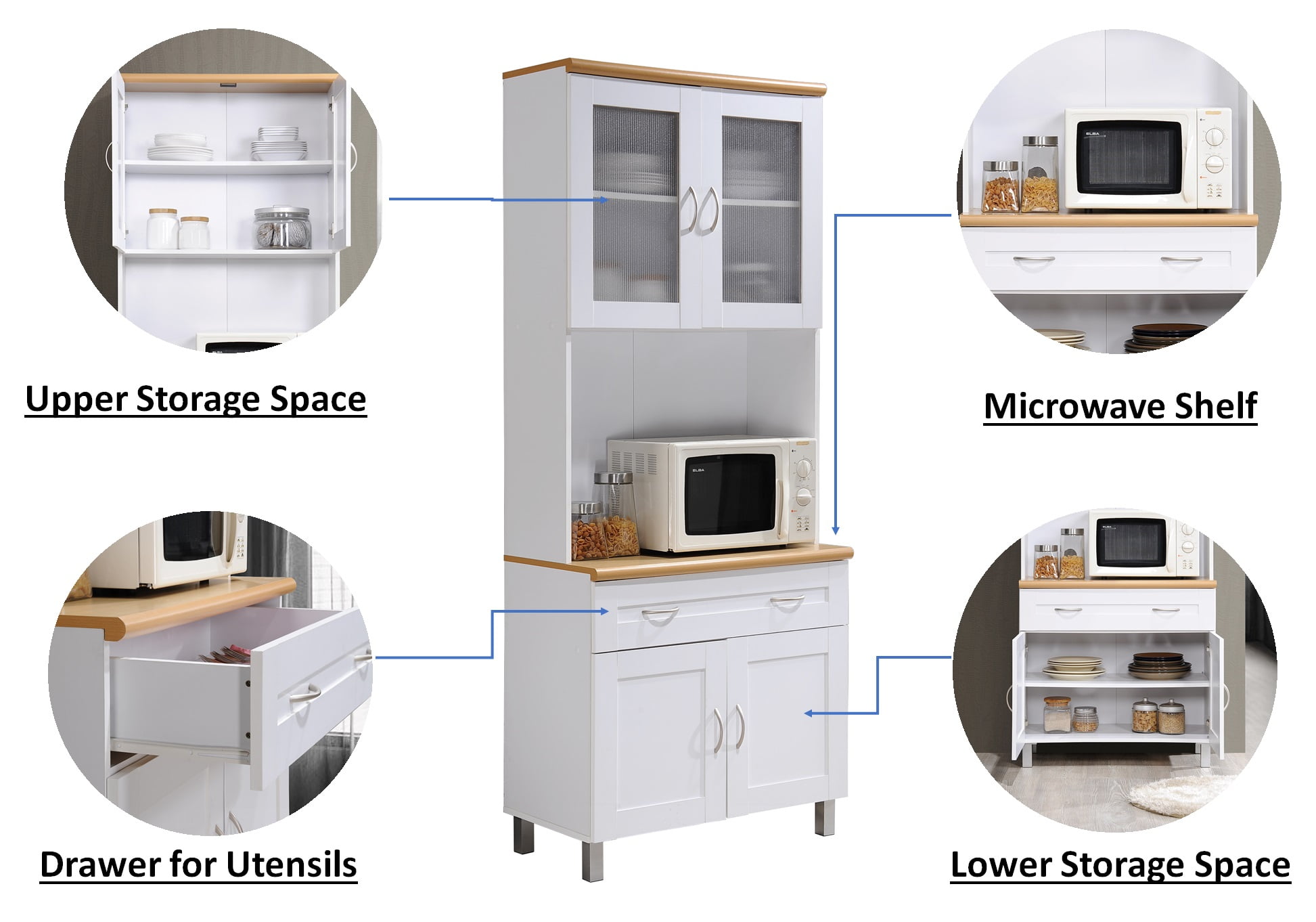 Hodedah Tall Free Standing Kitchen Cabinet with Microwave Storage and Drawer (White, 79 in. H x 32 in. W x 17 in. D) zf1pn