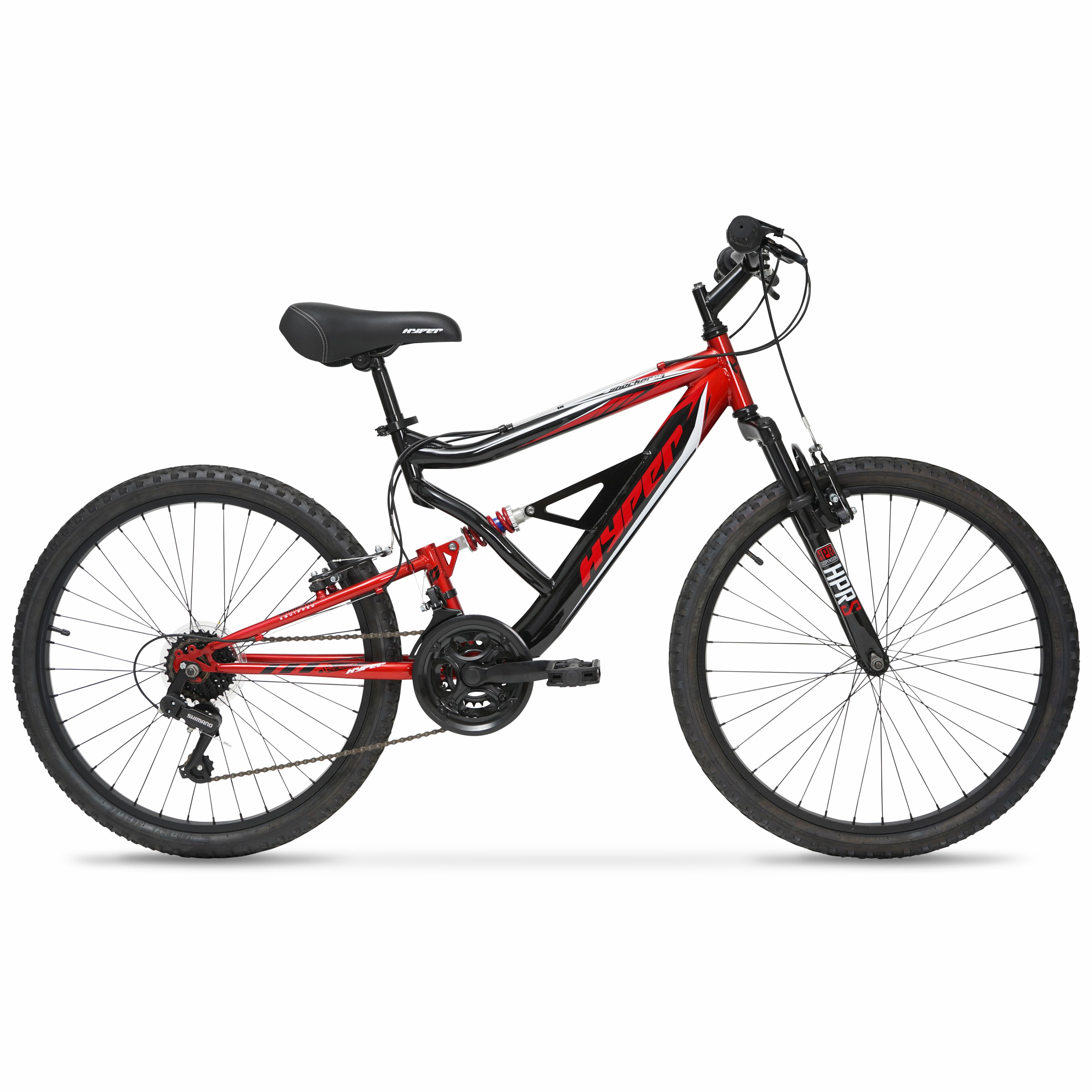 Hyper Bicycles Shocker Mountain Bike, Full Suspension, 18-Speed, Durable Steel Frame (Black/Red, 24 in) 1q8gl