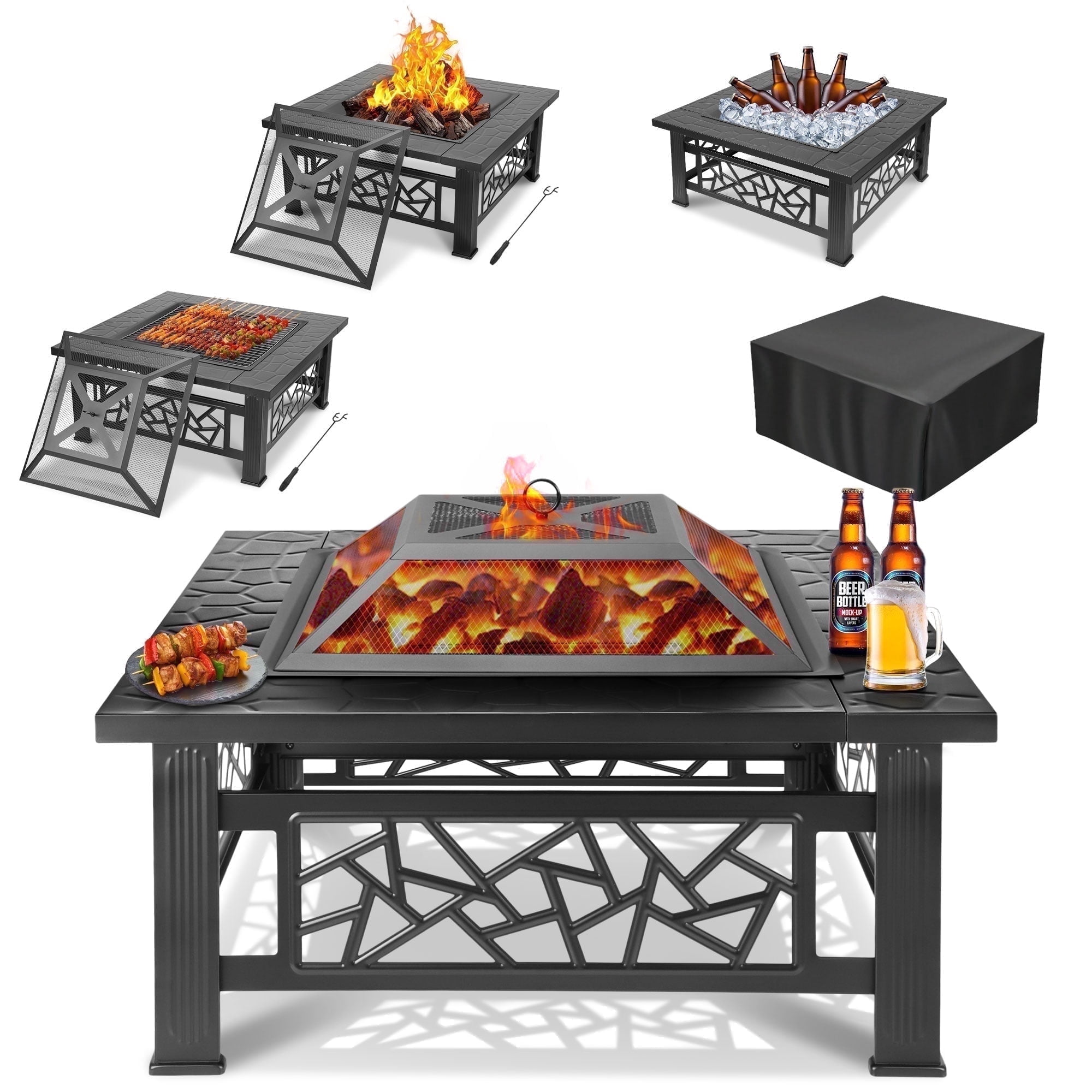 Segmart 32 in Square Outdoor Fire Pit with Spark Screen and Lid (Black, 32 in) 6juqy