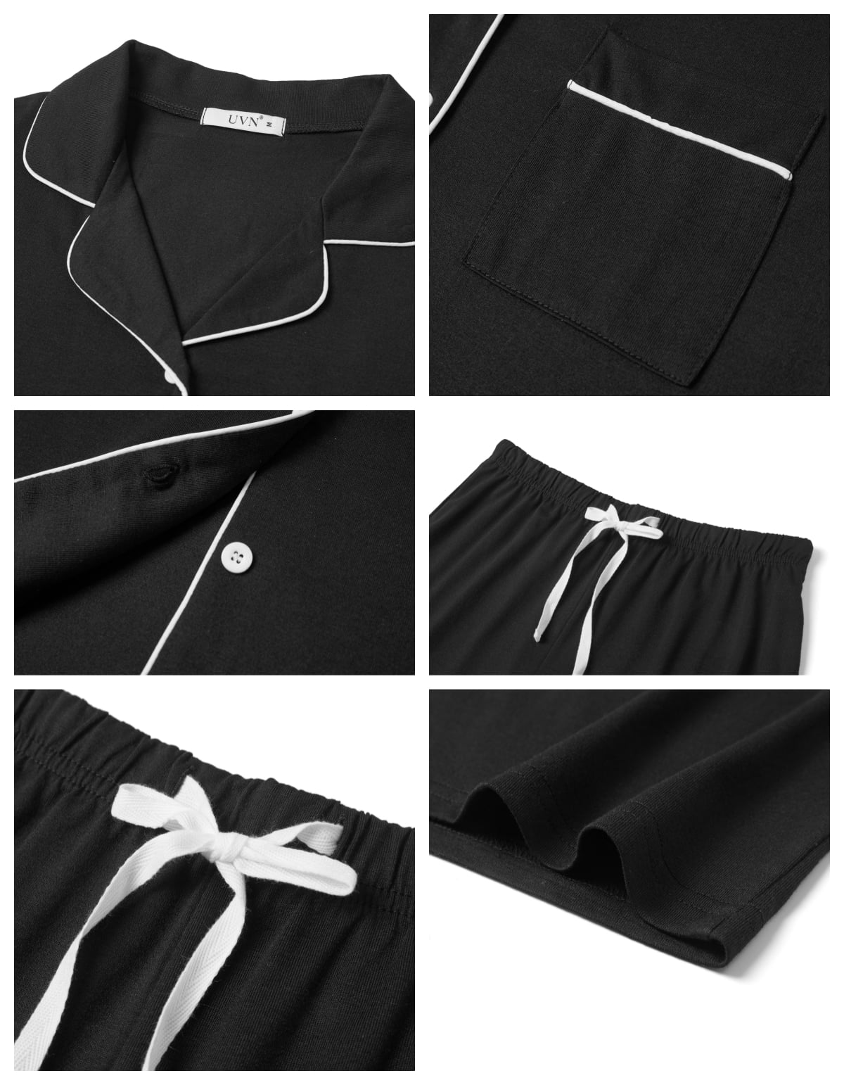 UVN Womens Pajama Set Button Down Short Sleeve Top and Drawstring Shorts Lounge Set (Black, S-3XL) ua1n3