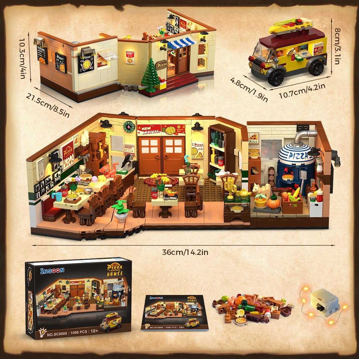 TERRAMUS City Street Pizza Restaurant Building Set with LED Lights (1098 Pieces) vnesn