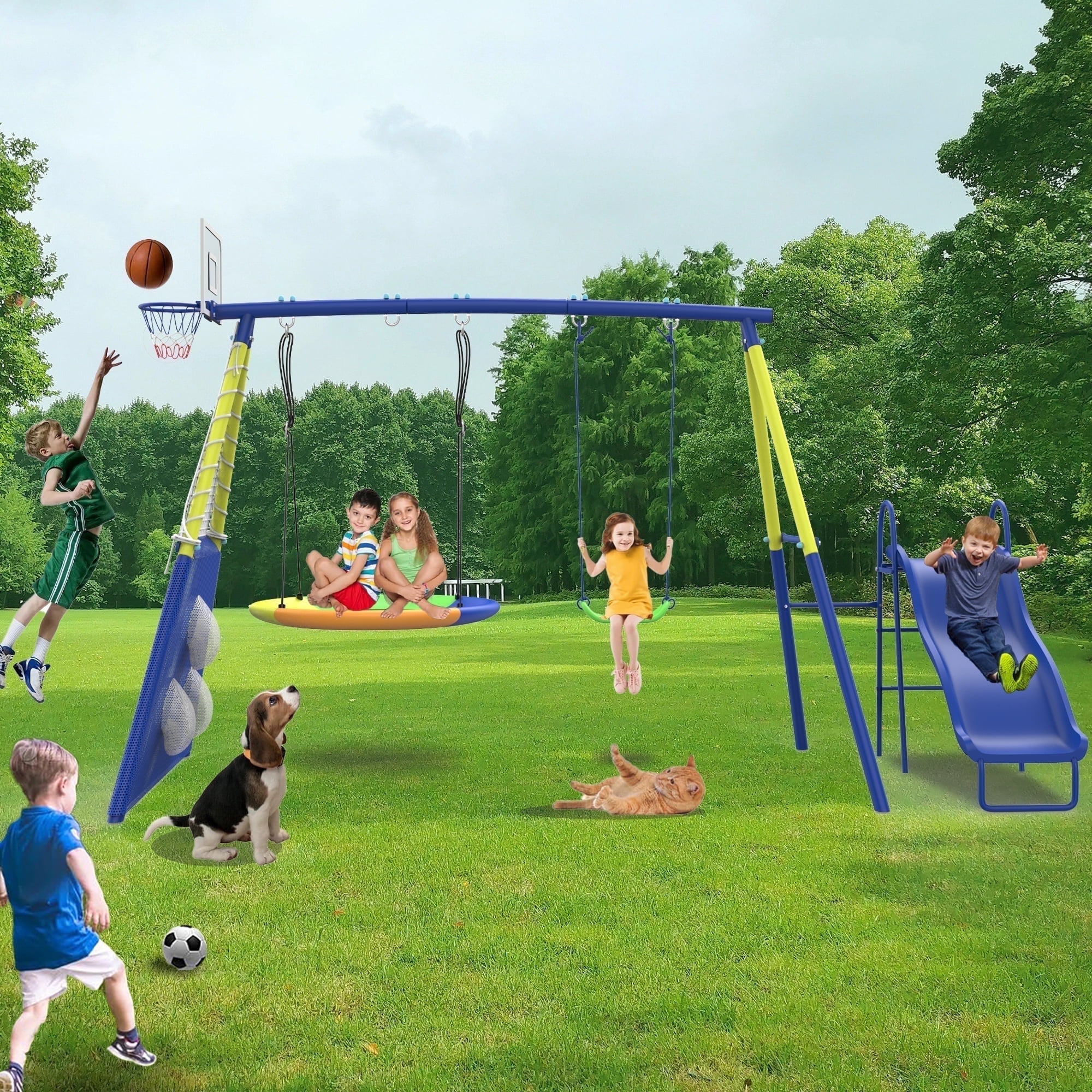 Shengchao Trade Metal Kids Swing Set with Heavy-Duty Outdoor A-Frame (Blue, 136 in x 67.7 in x 75 in) in0sb