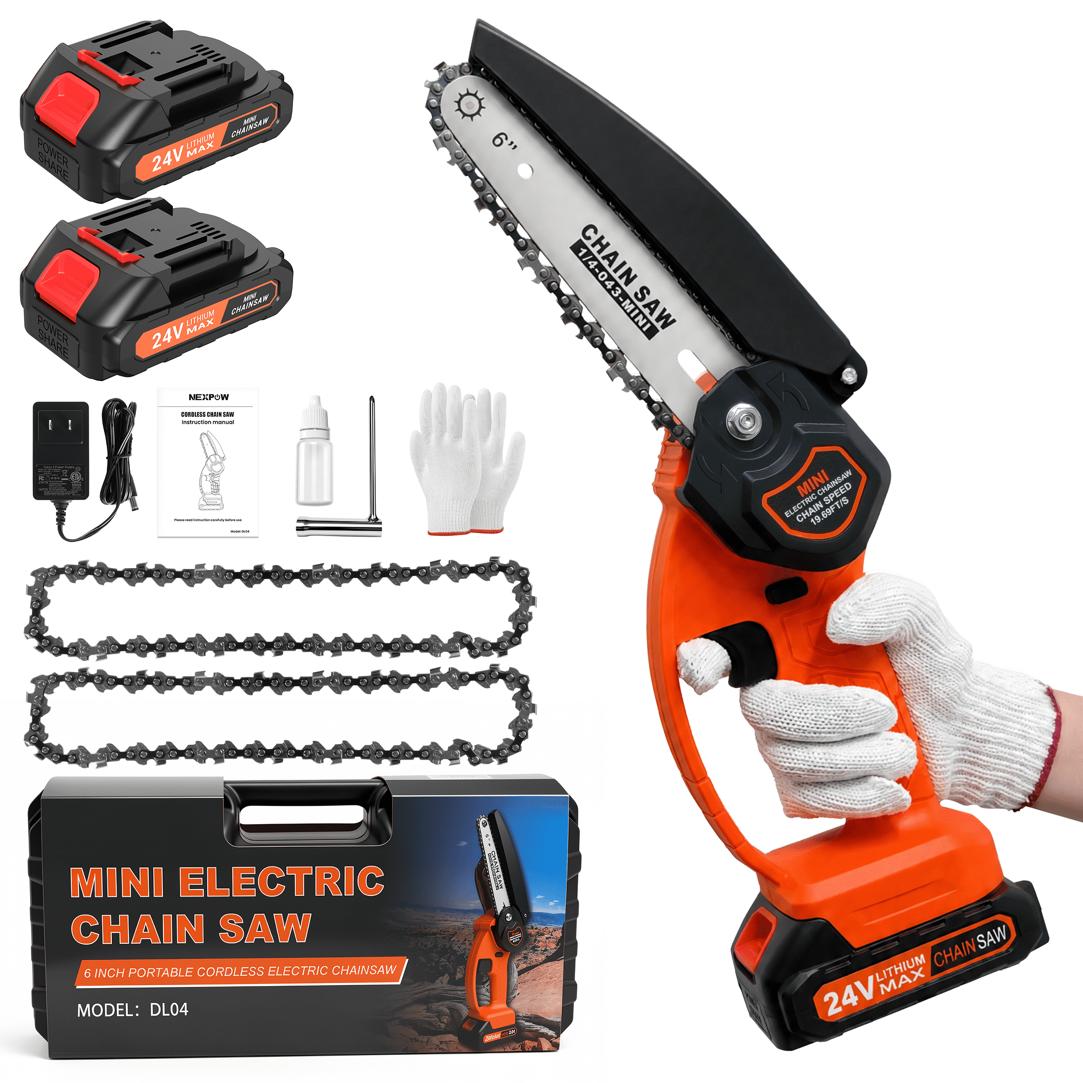 Nexpow 6 in Cordless Mini Chainsaw, Electric Handheld Wood Cutter with 2 Batteries and 2 Chains (Orange, 6 in) 5t4sq