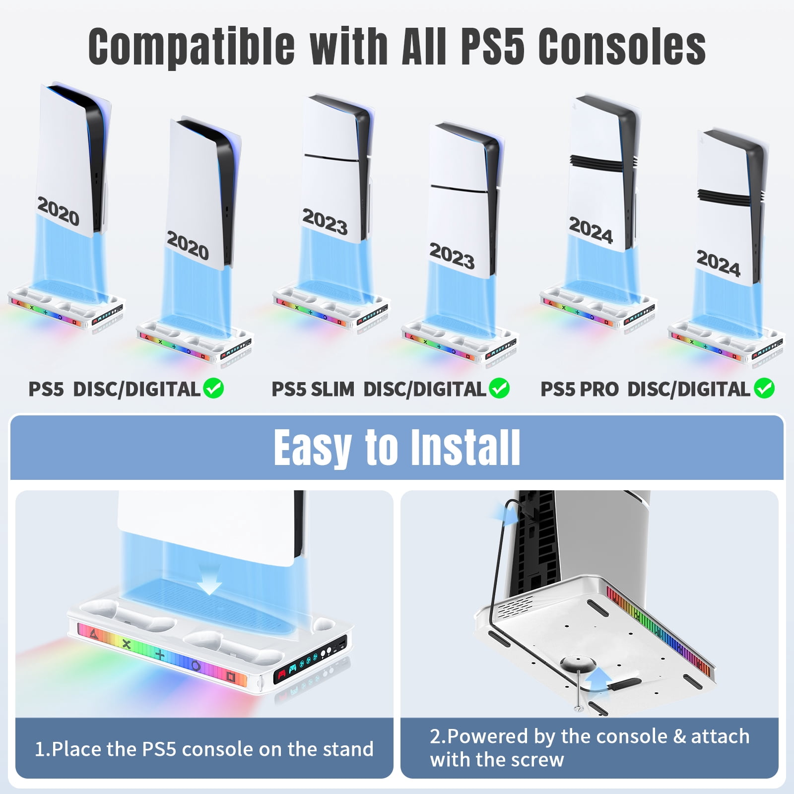 Boundless Trade PS5 Cooling Station with Controller Charger and RGB Lighting (Compatible with PS5 Disc, Digital, Slim, and Pro Models) krk6p