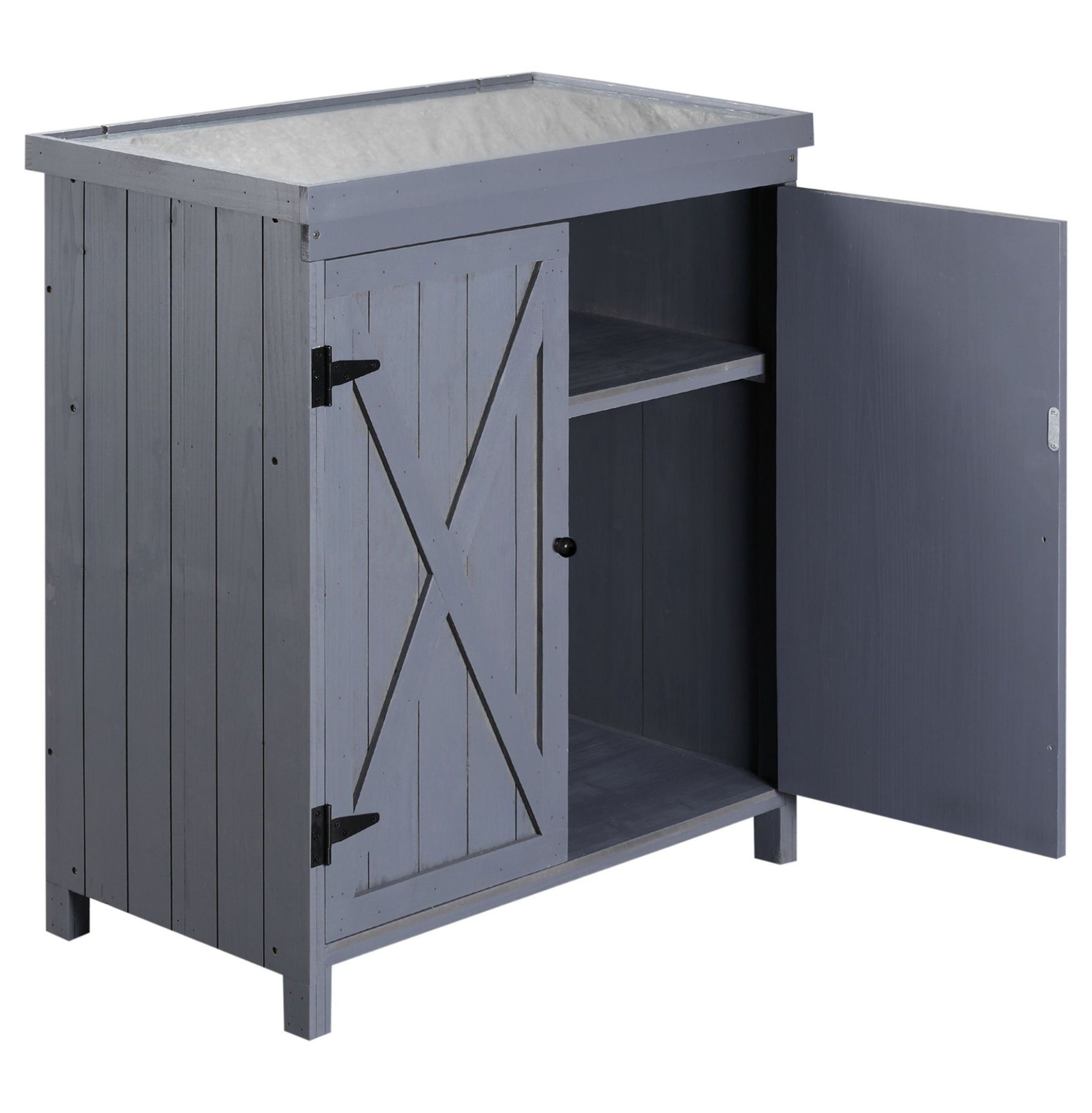 DyGTyX Patio Storage Cabinet, Outdoor Tool Shed with Galvanized Steel Top, Weather-Resistant Fir Wood, Double Door (Grey, 31.5 in W x 17.75 in D x 36.25 in H) 3adna