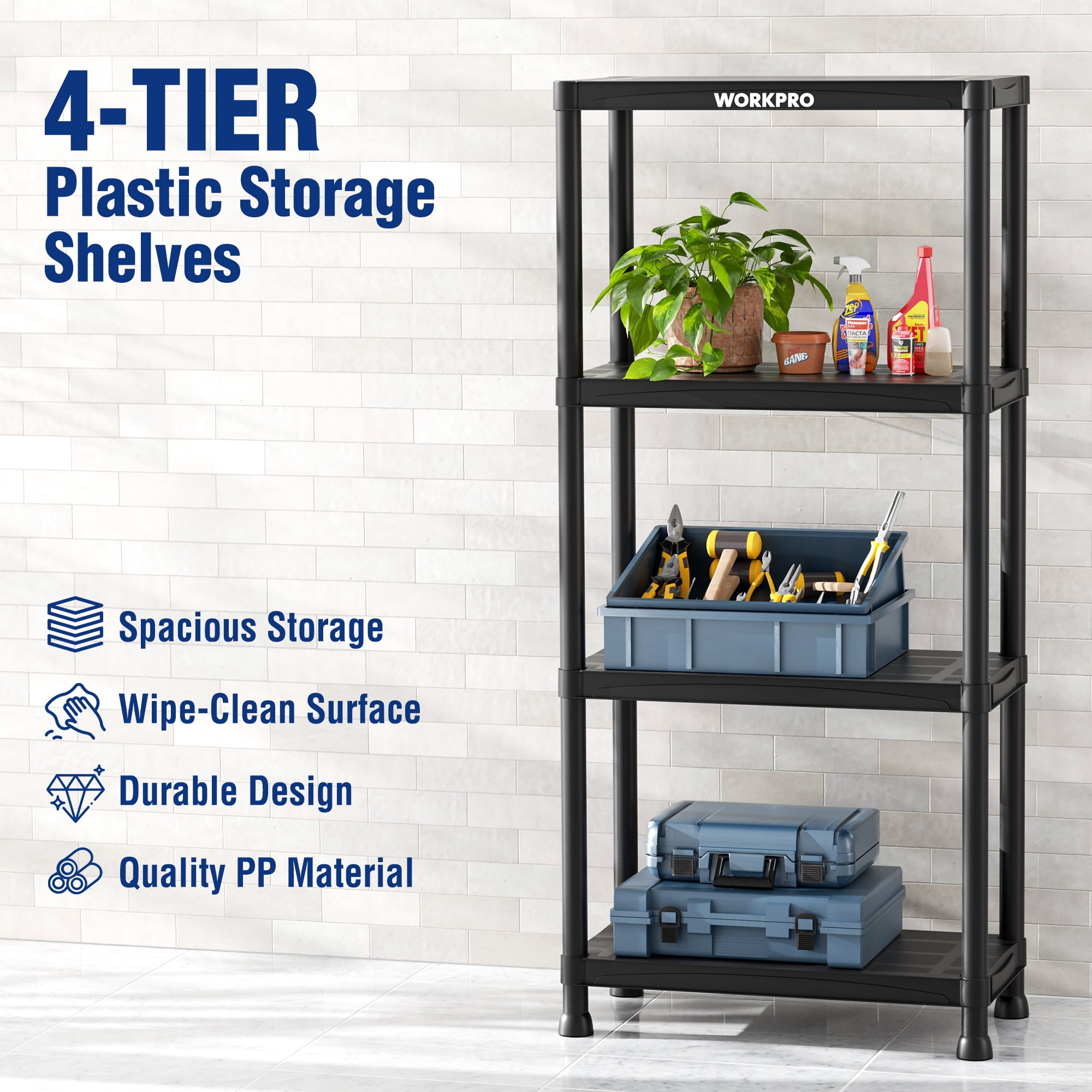 WORKPRO 4-Tier Plastic Storage Shelf, Heavy-Duty Utility Shelving Unit for Garage and Laundry Room (Black, 4-Tier) g6ri7