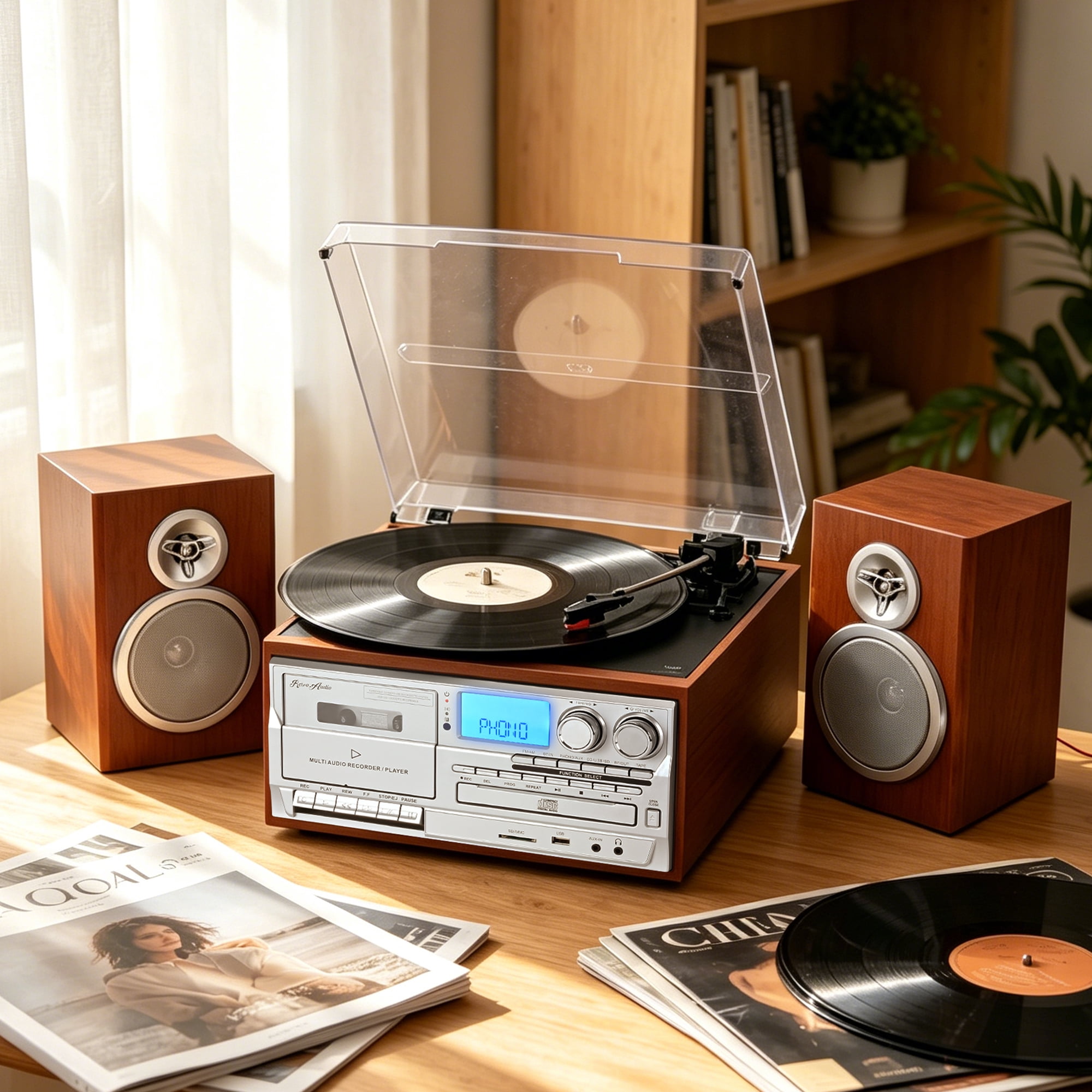 RetroAudio 10-in-1 Vintage Turntable System with Dual External Speakers, Bluetooth Connectivity, CD and Cassette Player (Brown) ltp6i