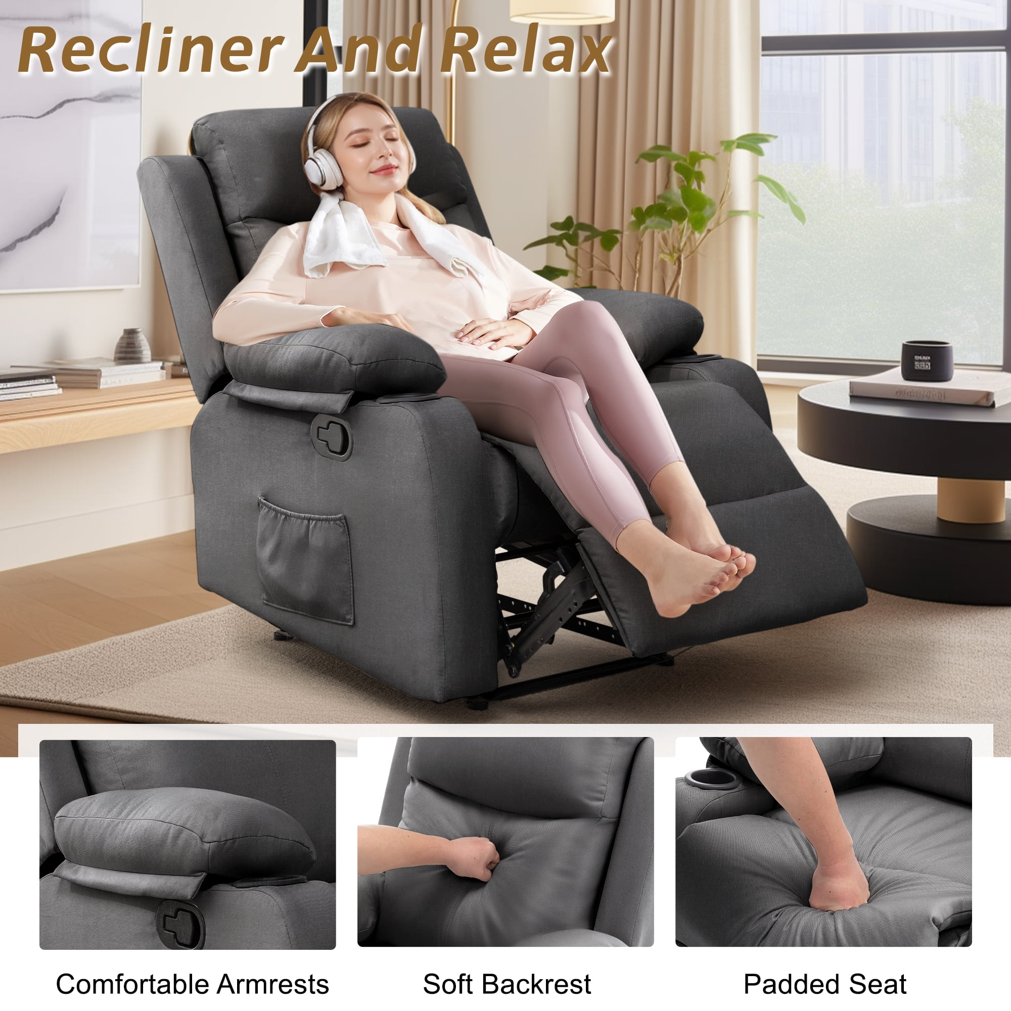 KORSER Manual Recliner Chair for Small Spaces, Breathable Linen Fabric with Cup Holders (Dark Grey, 35.4 in D x 31.1 in W x 35.8 in H) u5p7p