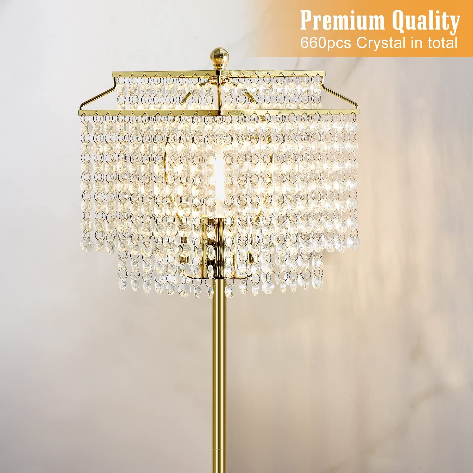 NATYSWAN Gold Crystal Floor Lamp, Modern Standing Light with Double-Layer Shade and Foot Switch (Gold, 62 in) 9z4rp